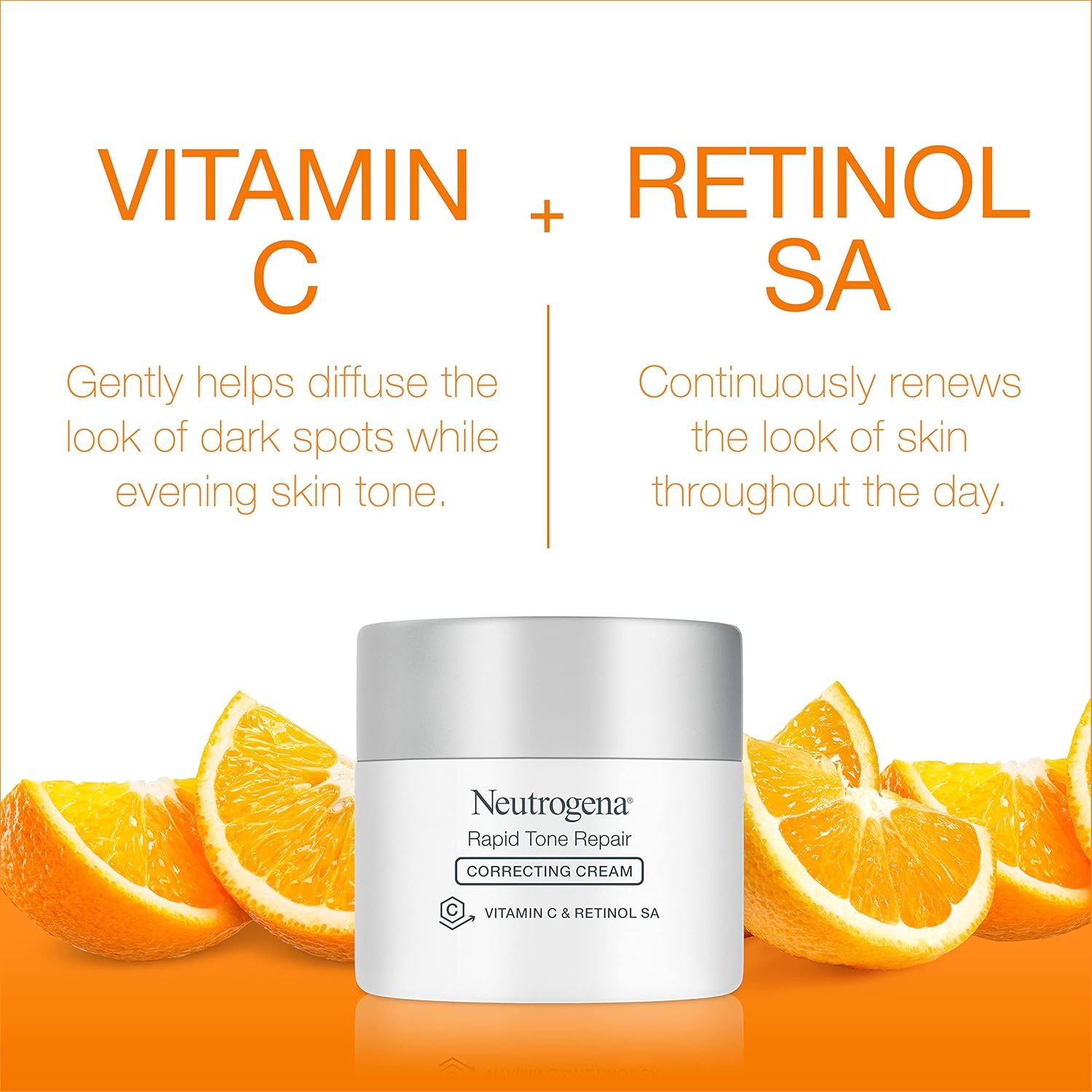 Neutrogena Rapid Tone Repair moisturizer with retinol and vitamin C for dark spot correction, shown in a clear jar with product label.