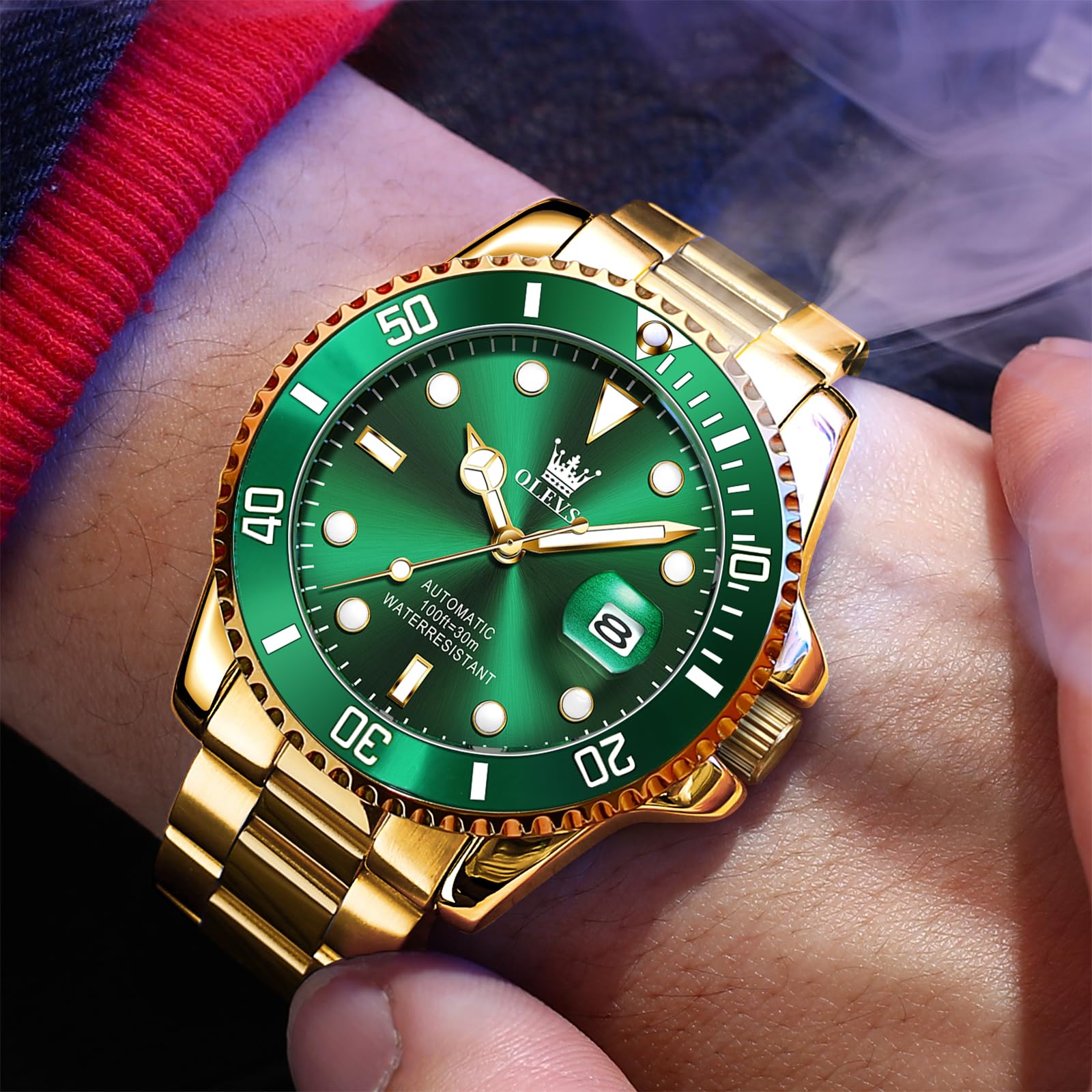 OLEVS Men's Luxury Gold Automatic Watch Green Dial Luminous