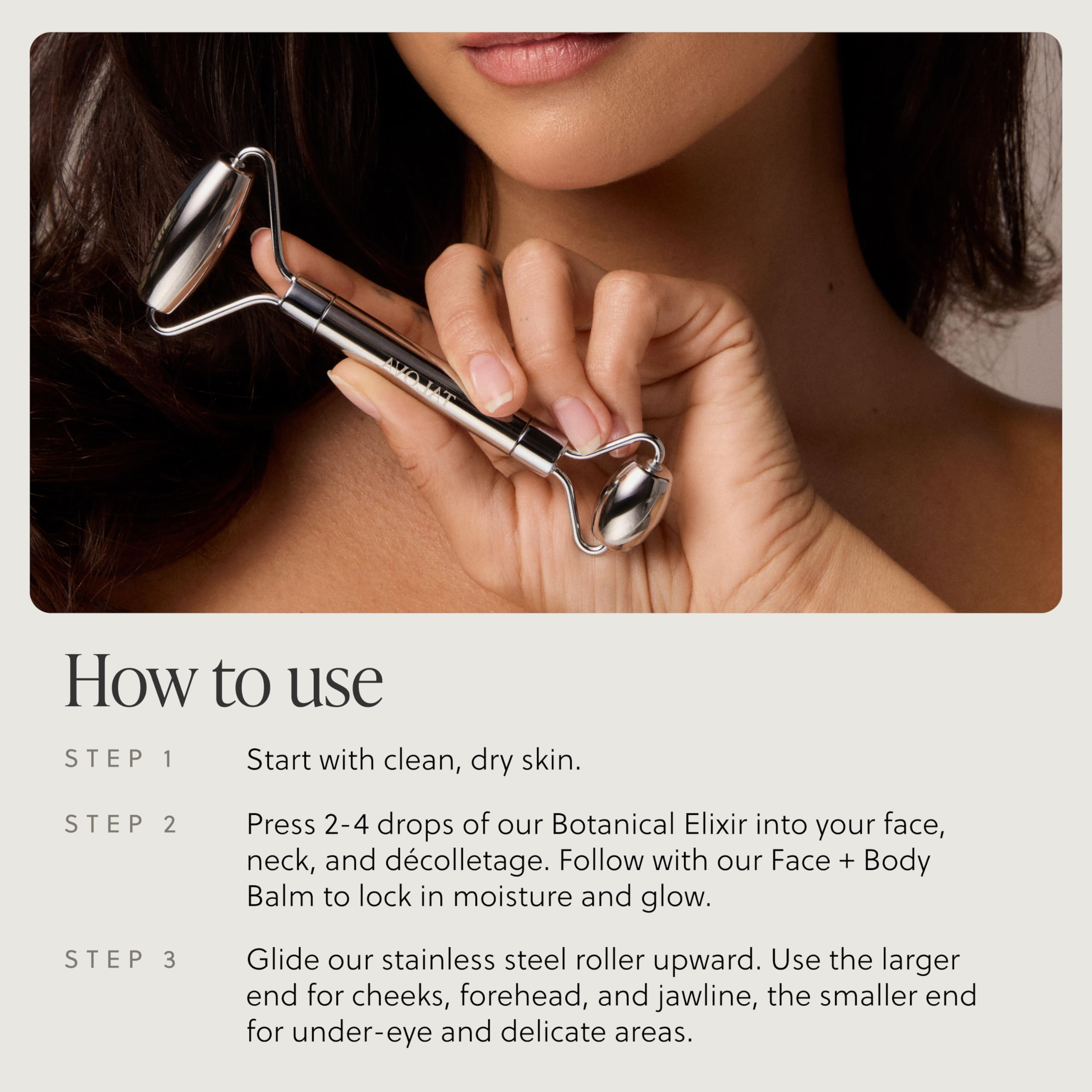 TALOVA stainless steel facial roller massage stick for depuffing and sculpting, showing a sleek, handheld beauty tool on a white background.