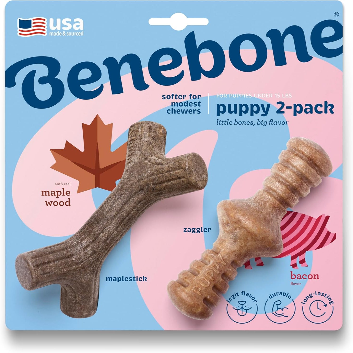 Benebone Puppy 4-Pack dog chew toys for small and modest chewers, made in USA, suitable for dogs 30lbs and under
