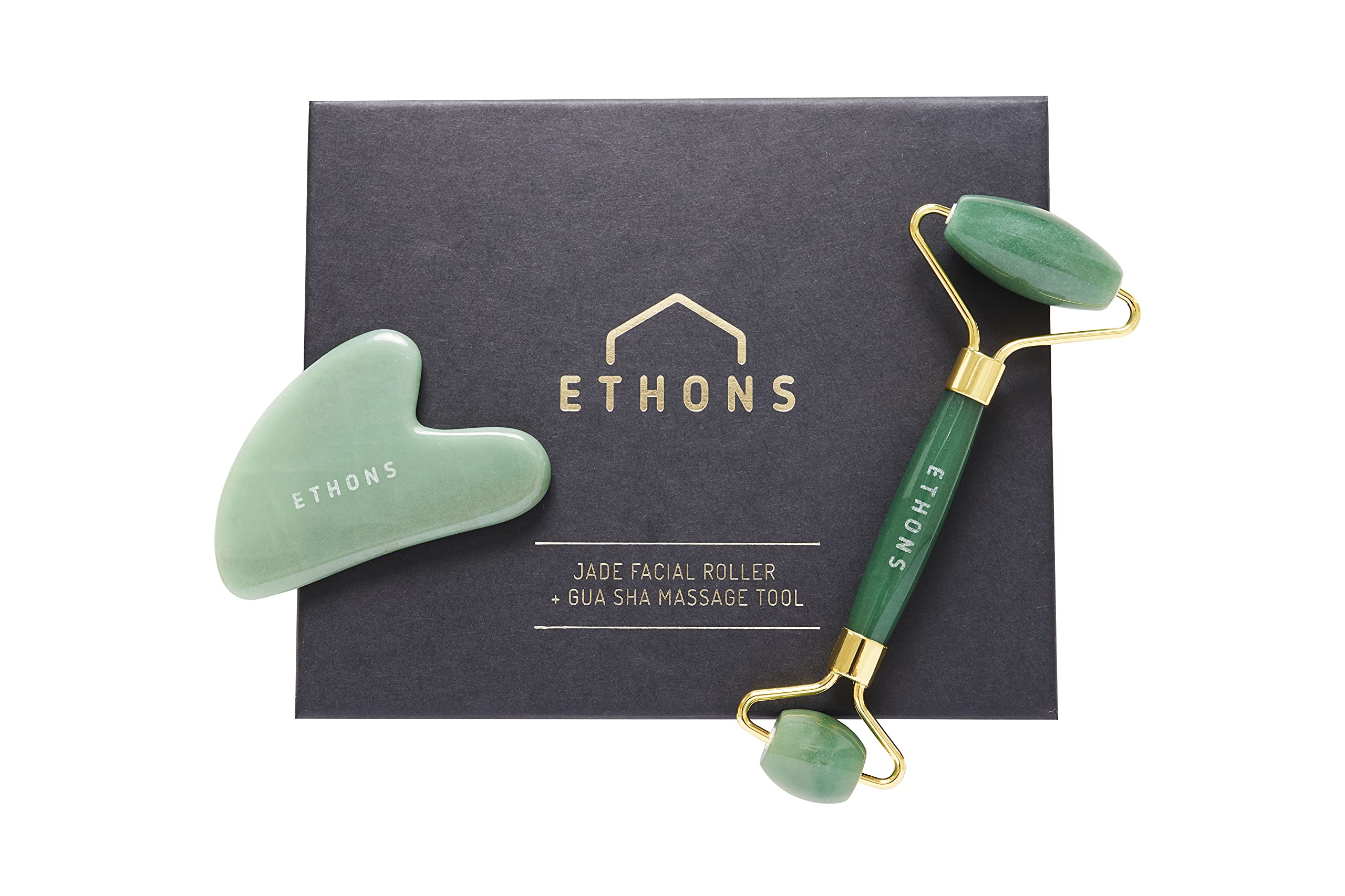 ETHONS Jade Roller & Gua Sha 2 in 1 For Face - Premium Construction Face Massager - Skin Tightening De-Puff Face Scraper - Anti Aging - Relieves Headache & TMJ [Gift-Ready Packaging]