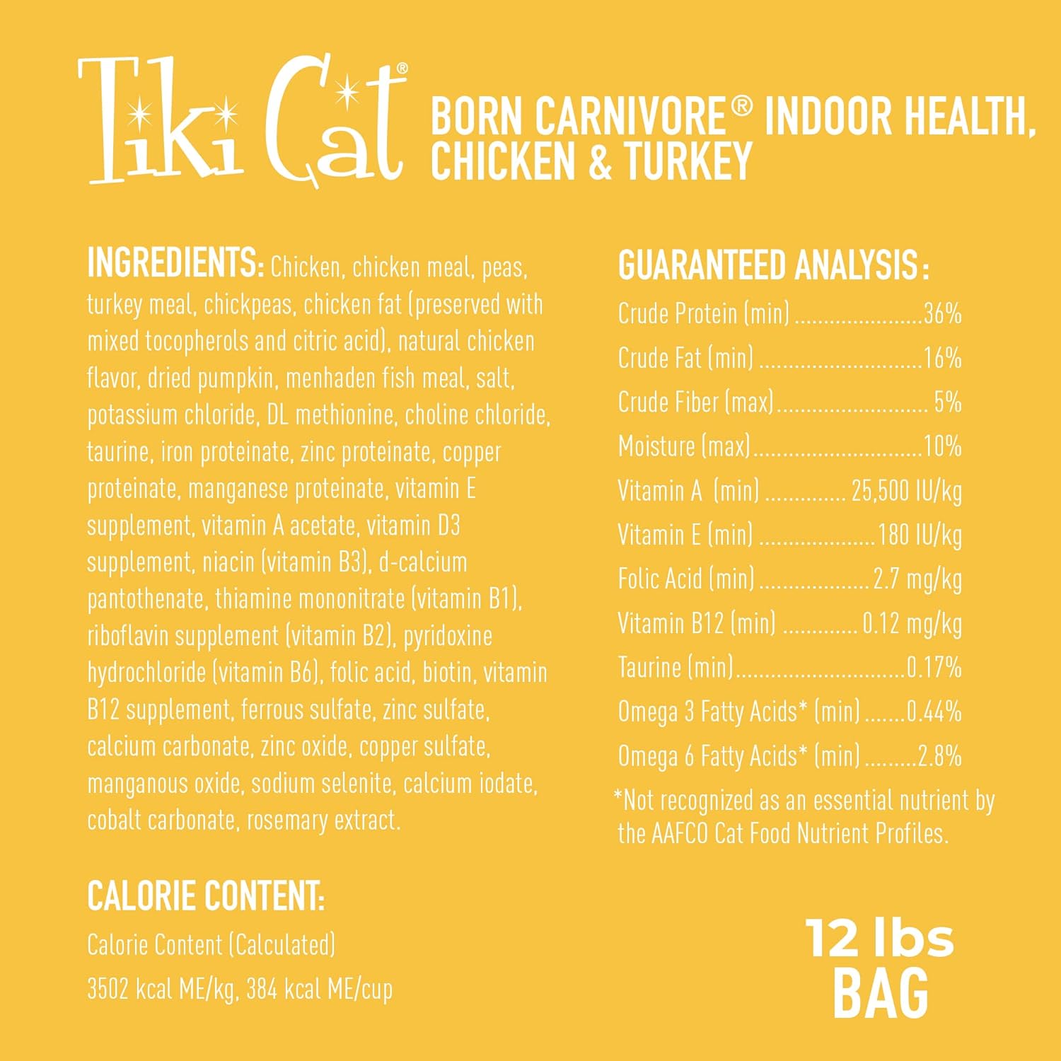 Tiki Cat Born Carnivore indoor dry cat food bag with chicken and turkey meal, 12 lbs, suitable for healthy feline diets.