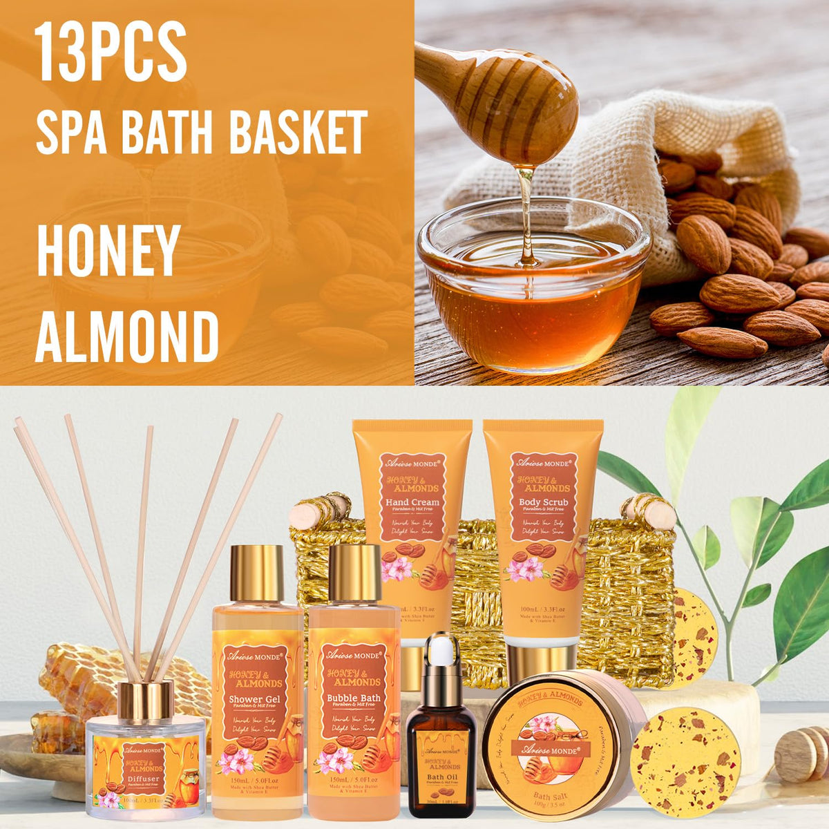 Gift Baskets for Women 13pcs Honey Almond Bath and Body Gift - ArioseMonde Official Imagery - 3