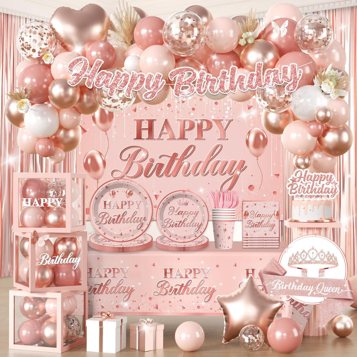 266Pcs Rose Gold Birthday Decorations All in One Set for 20 - cocomigo Official Imagery - 1