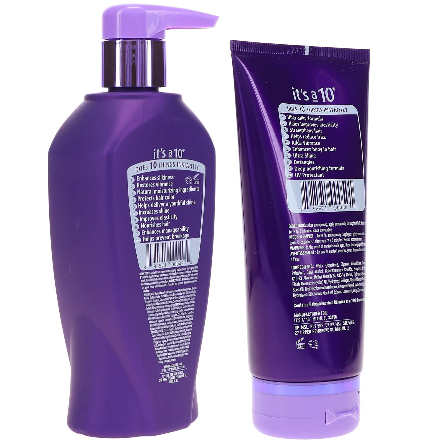 It's a 10 Haircare Silk Express Miracle Shampoo and Conditioner bottles, featuring sleek packaging and product labels.