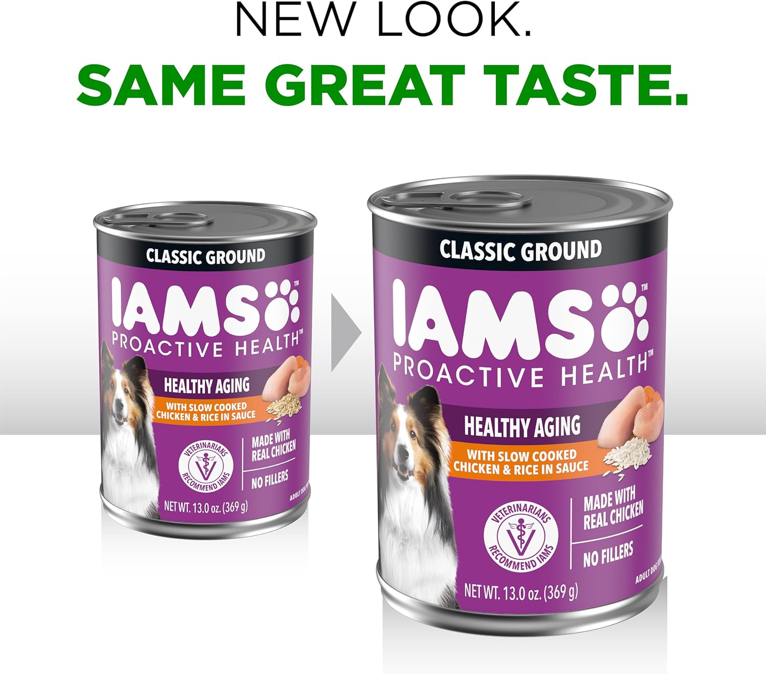 IAMS Proactive Health senior wet dog food in classic ground form with a can of dog food showing the product label and ground texture.