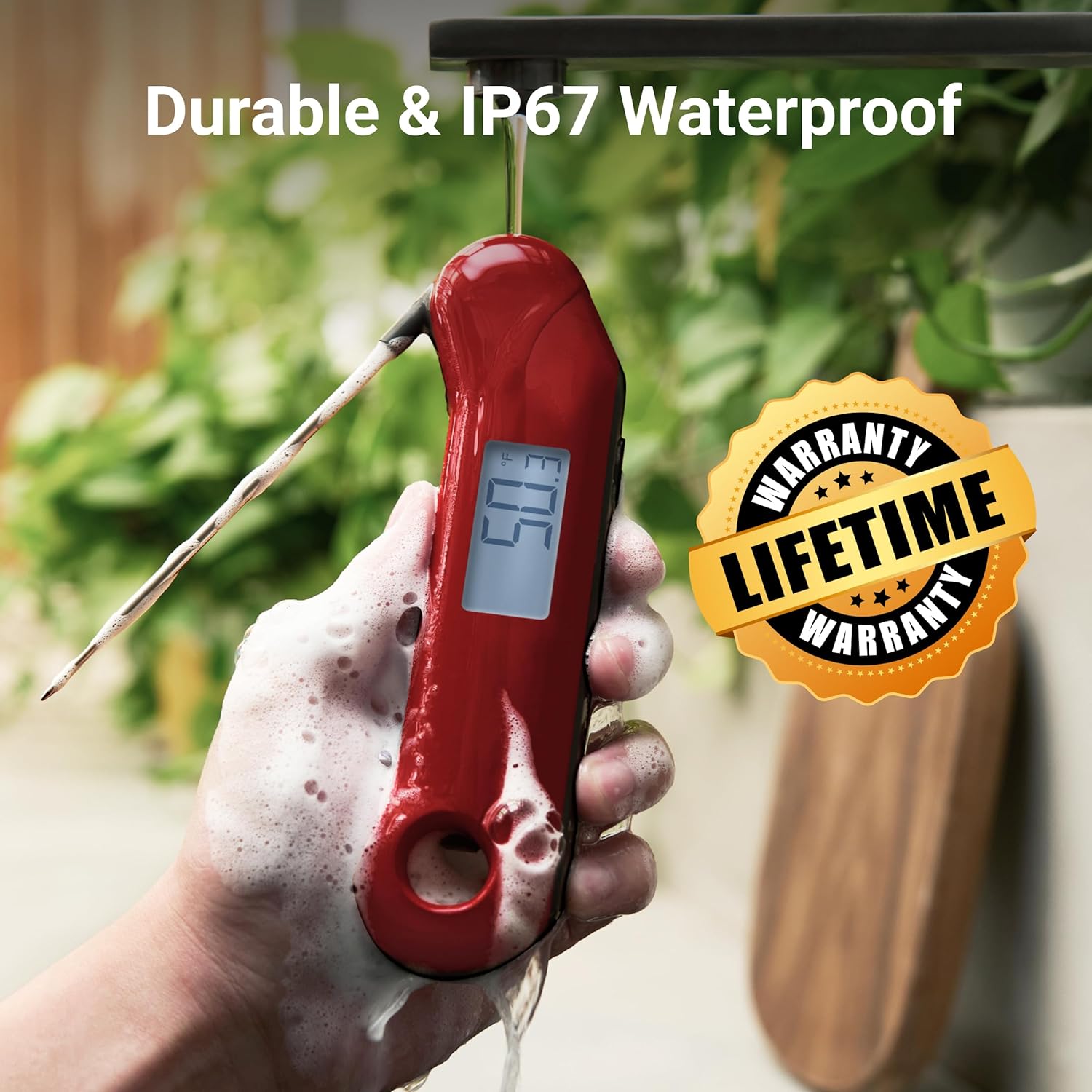 ThermoMaven Professional Digital Meat Thermometer showing a bright digital display with temperature readings in a kitchen setting.