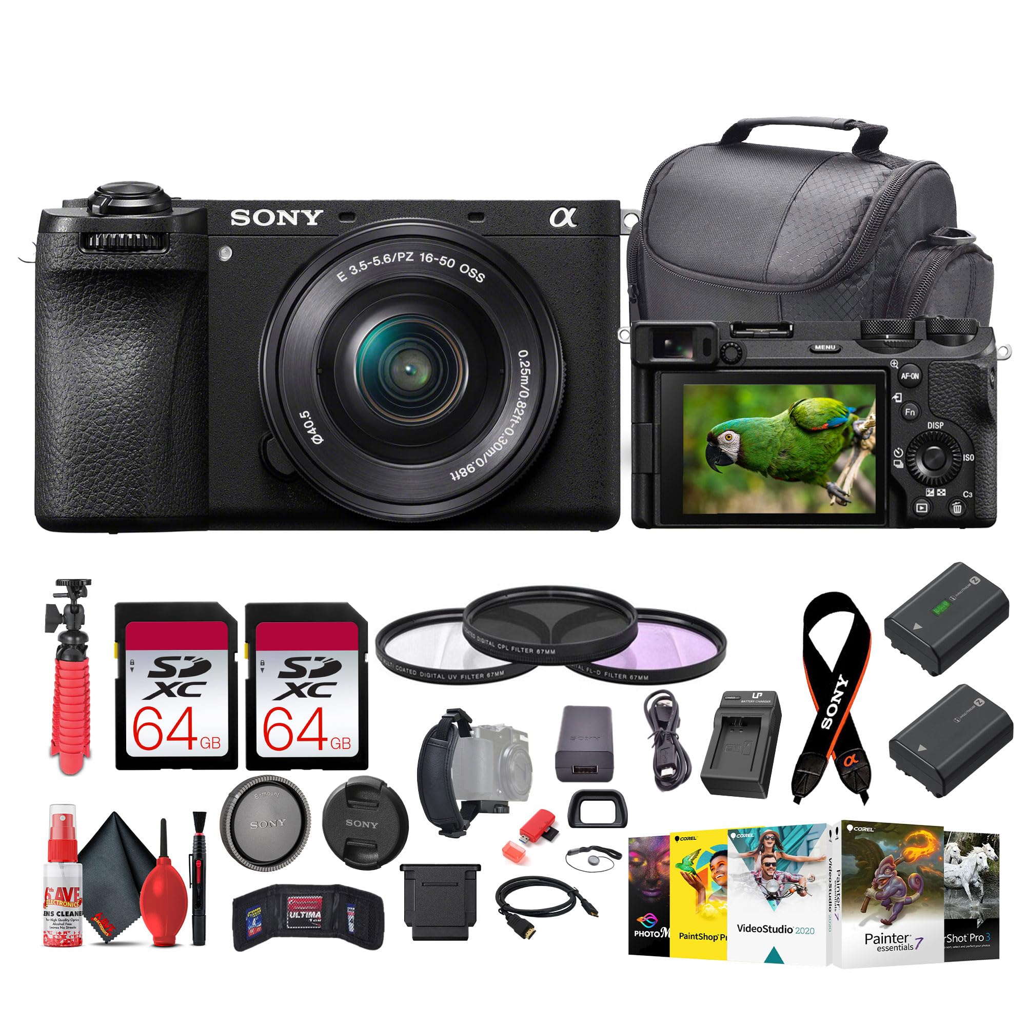 Sony a6700 Mirrorless Vlogger Camera with 16-50mm Lens (ILCE-6700L) + 2 x 64GB Memory Card + 2 x NP-FZ100 Battery + Photography Software + Filter Kit + Charger + Case + Tripod + More (Renewed)