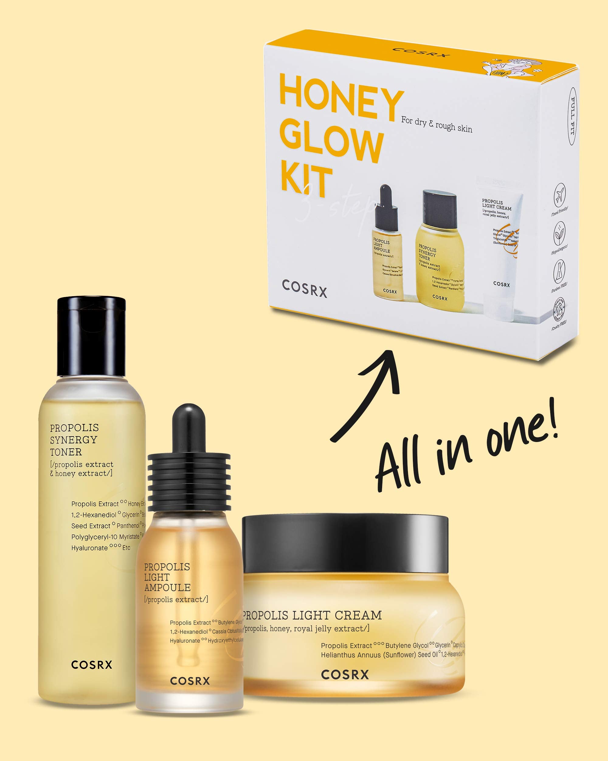 COSRX Honey Glow Kit, Propolis Toner, Serum &amp; Cream, Travel - COSRX