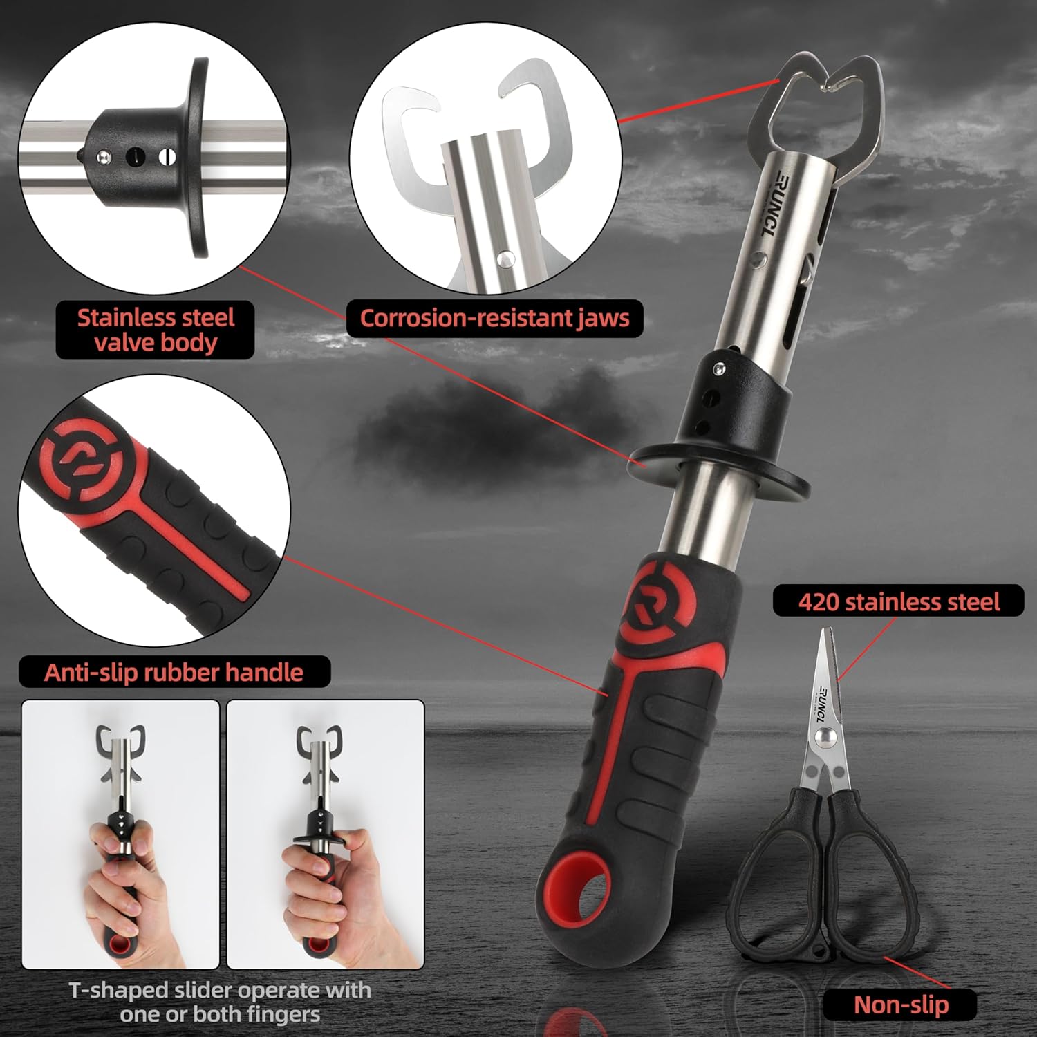 PROBITE RUNCL 4-piece fishing tool kit with fishing pliers, fish fillet knife with sharpener, and fish lip gripper for anglers