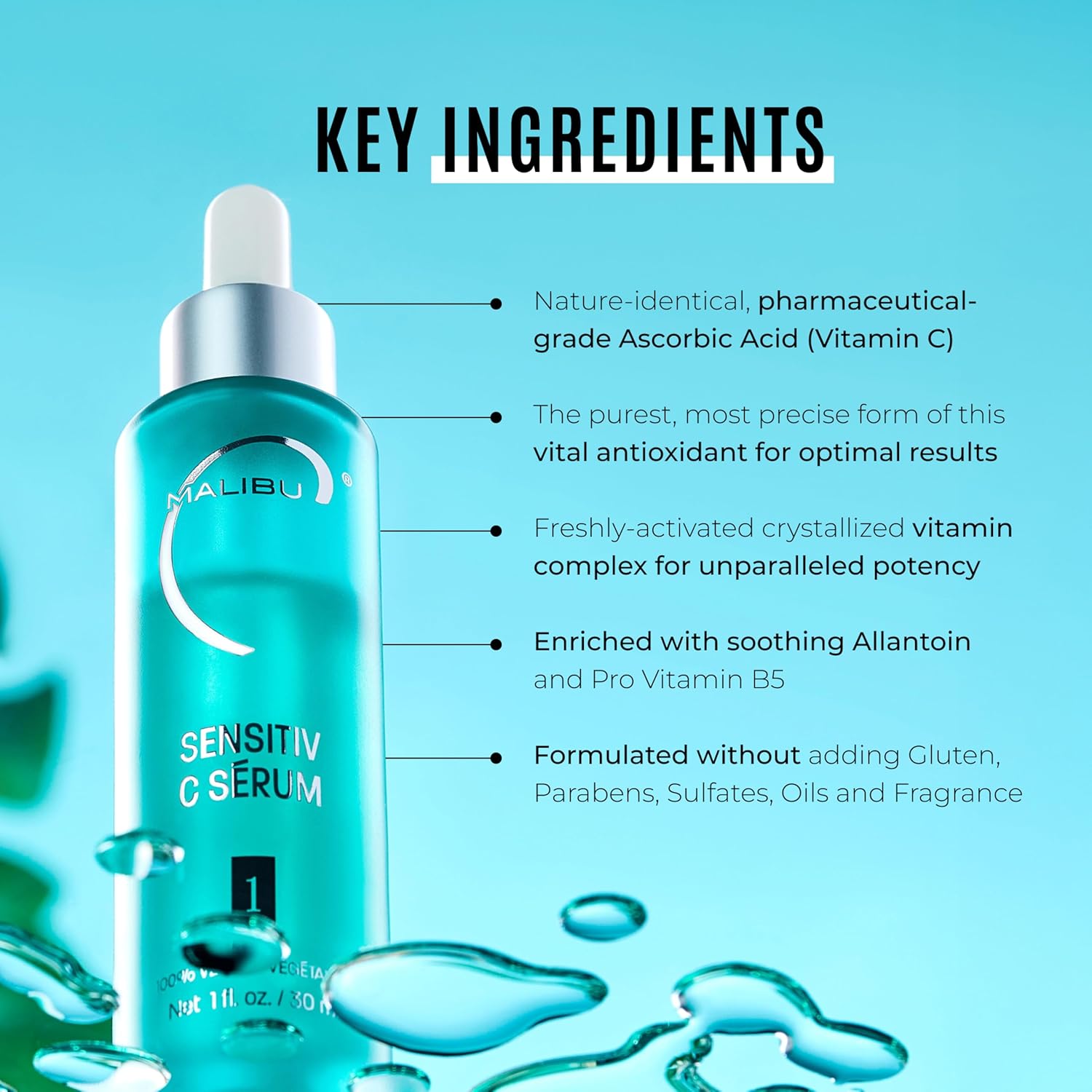 Malibu C Sensitiv C Face Serum with Vitamin C, featuring clear glass bottle and dropper for sensitive and combination skin.