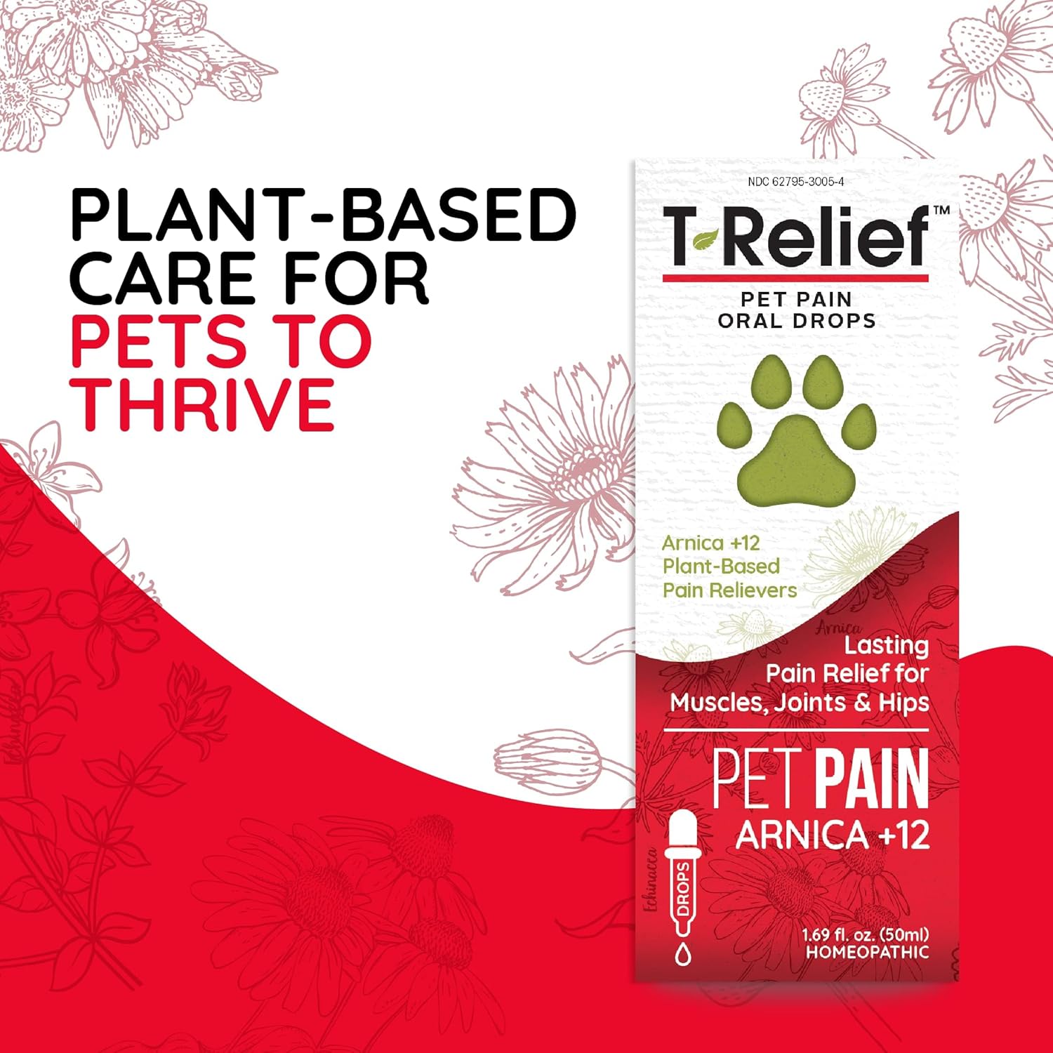 MediNatura T-Relief Pet Pain Relief Drops with Arnica and natural medicines for soothing pet discomfort, shown in dropper bottle.