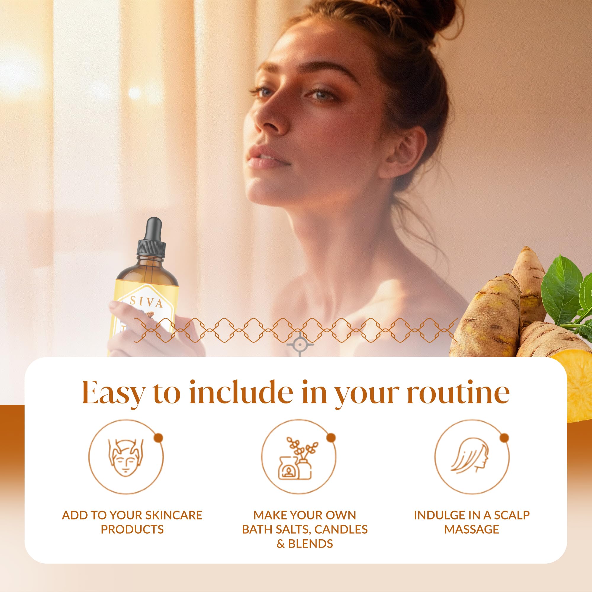 SIVA ORGANICS turmeric essential oil in a 4oz glass bottle with dropper, natural golden-yellow color, on a white background.