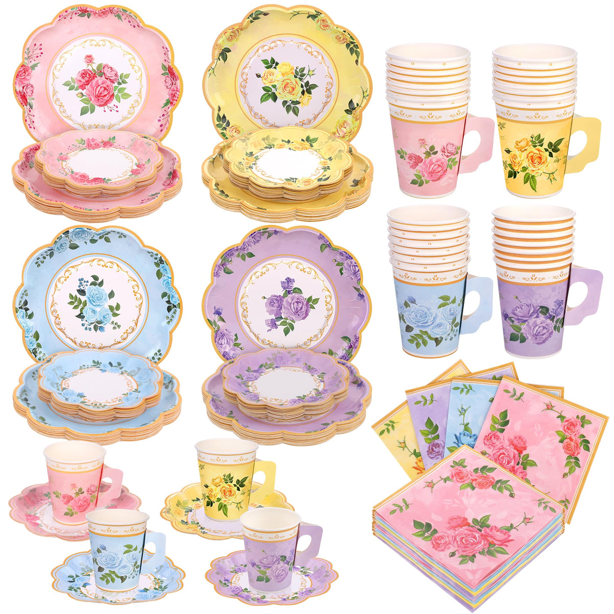 96 Piece Floral Paper Tea Cups and Saucers 9 Oz Teacup with - Kochorie Official Imagery - 1