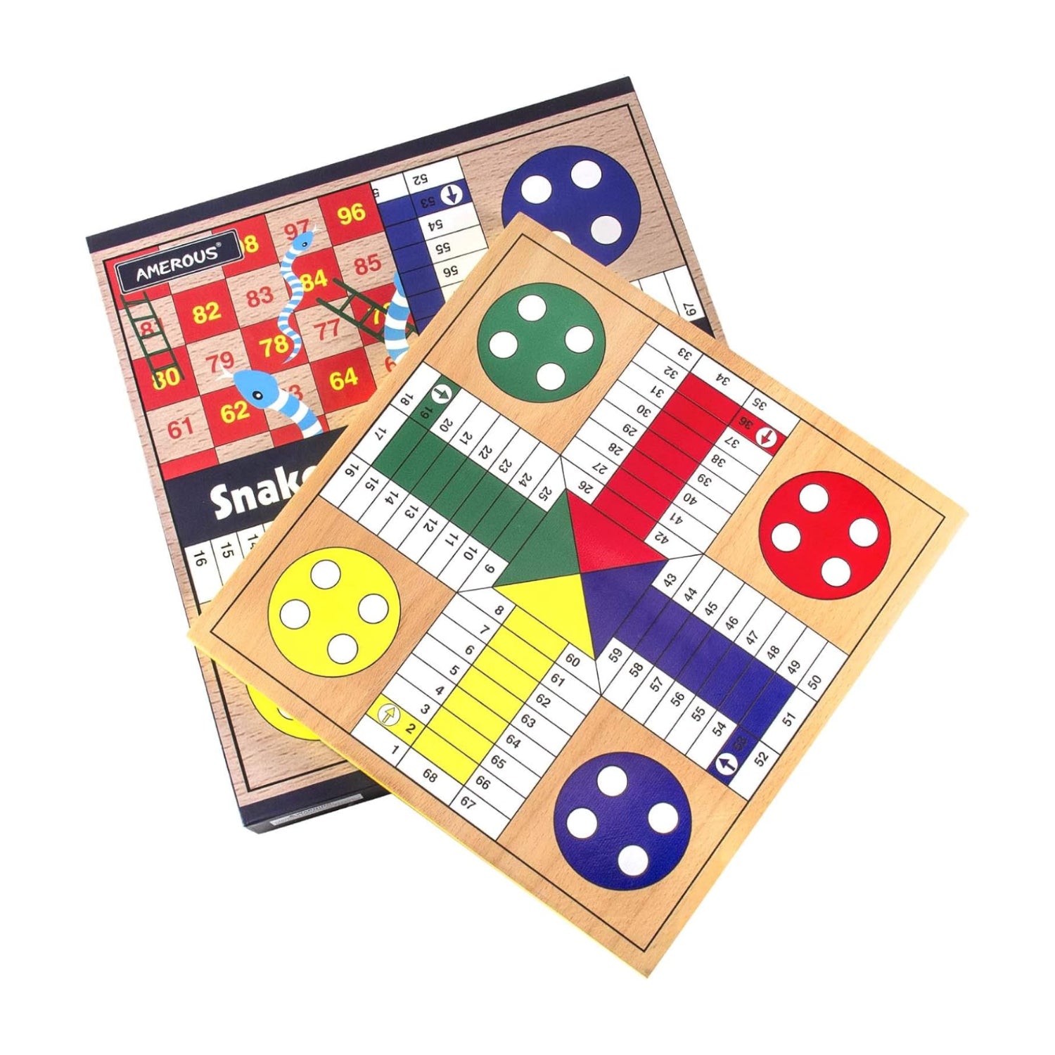 AMEROUS 12-inch wooden Ludo and Snakes and Ladders board game with colorful game pieces and classic design