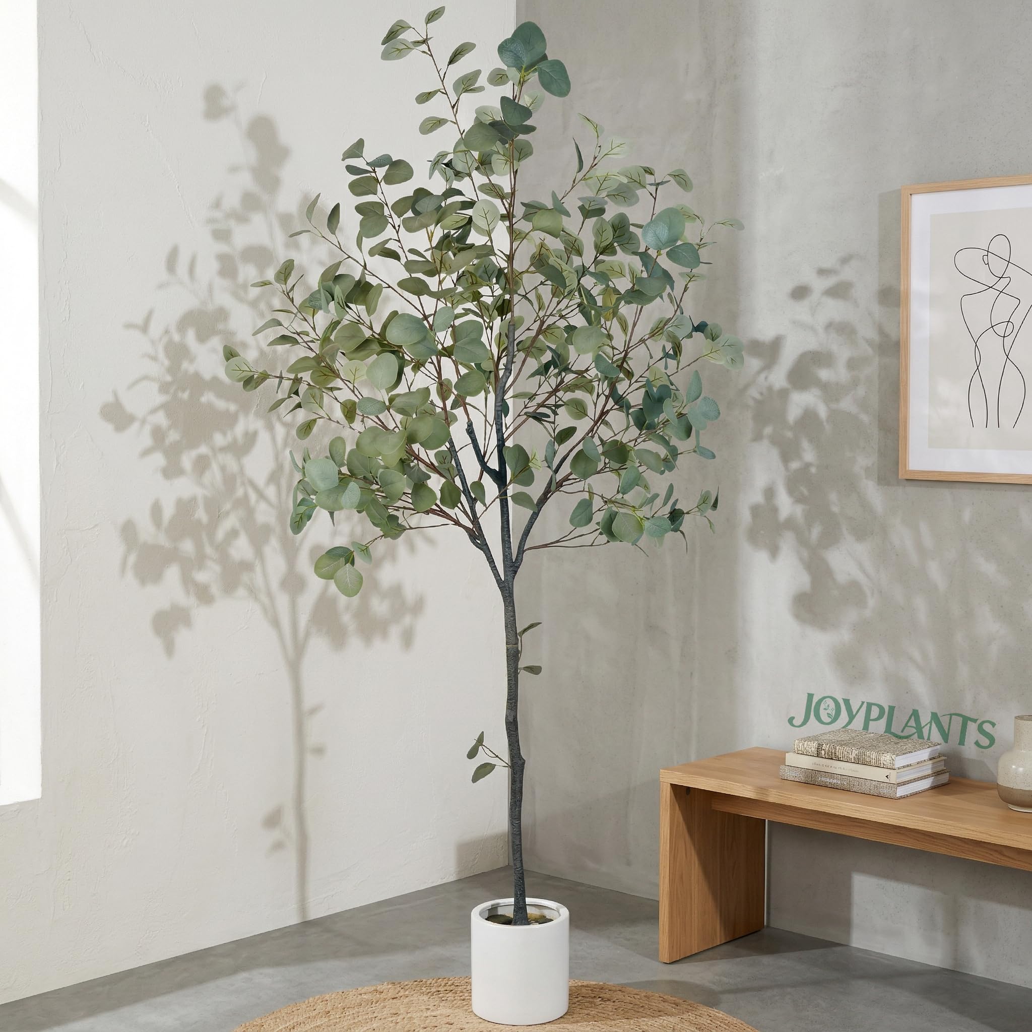 Joyplants 6ft artificial eucalyptus tree with lifelike silver dollar silk leaves, realistic fake plant for home or office decor.
