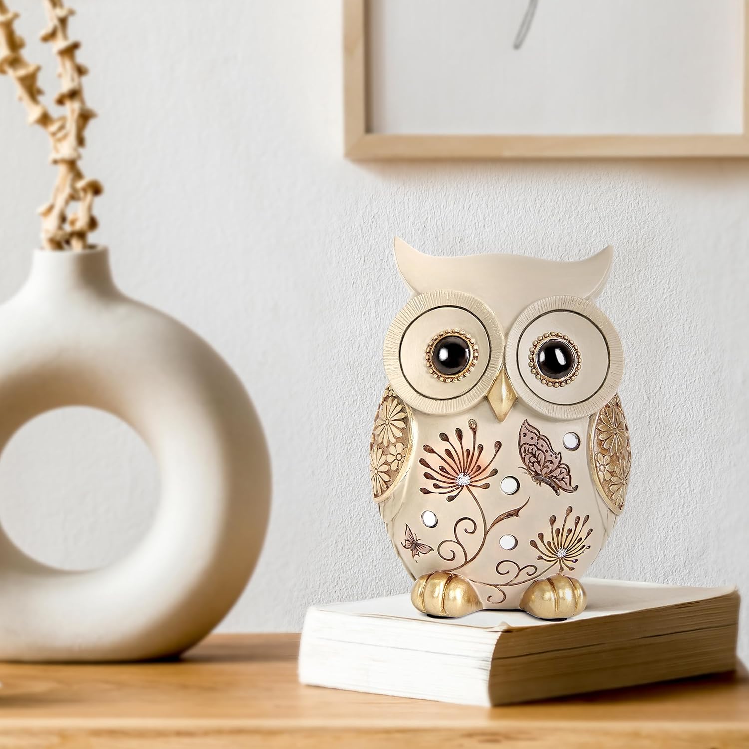Xintim owl statue for home decor, boho accent piece with detailed design, ideal for shelves or room decoration.