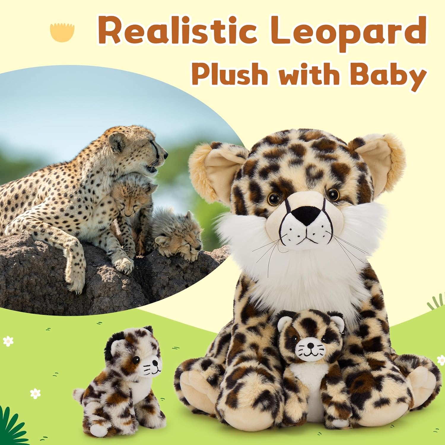 MorisMos 5-piece cheetah stuffed animal set with 14-inch cheetah mommy and four baby plush toys, soft and cuddly for children