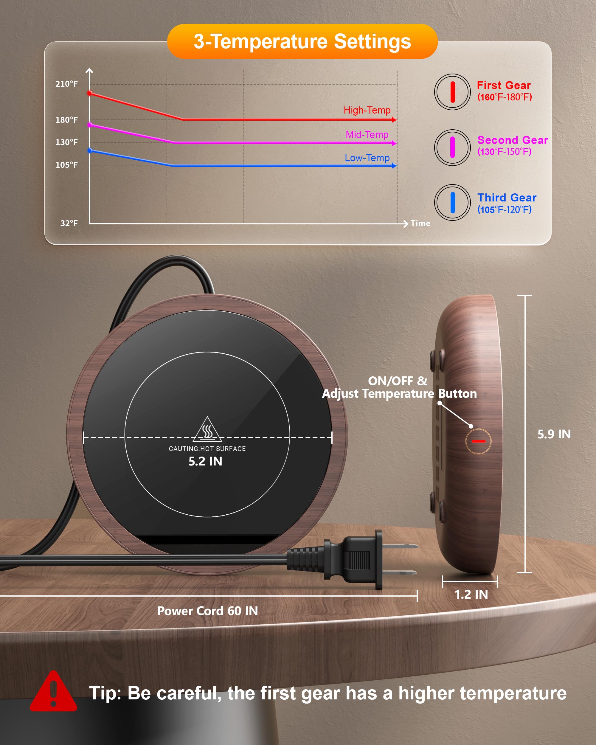 SWEETFULL Coffee Mug Warmer, Electric Cup Warmer for Desk - Wood - SWEETFULL Official Product View 3