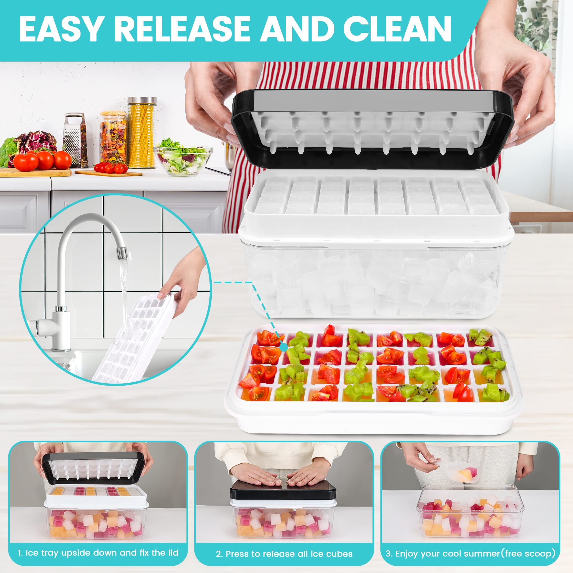 QUELIEN Ice Trays for Freezer with Lid & Bin, Ice Cube Tray Making 64 pcs Ice Cu - QUELIEN Official Product View 4