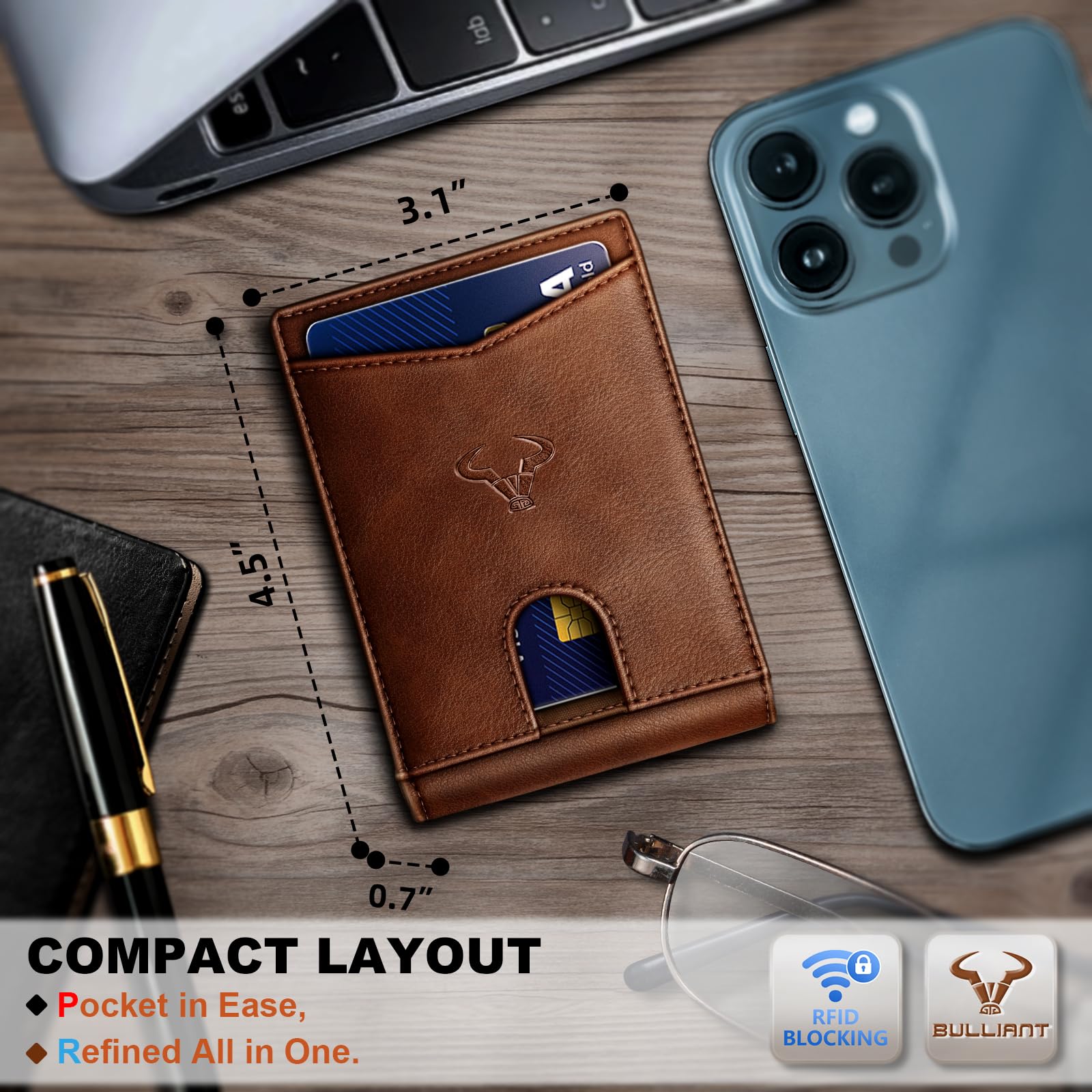 BULLIANT Men Slim RFID Leather Wallet 11 Card Slots