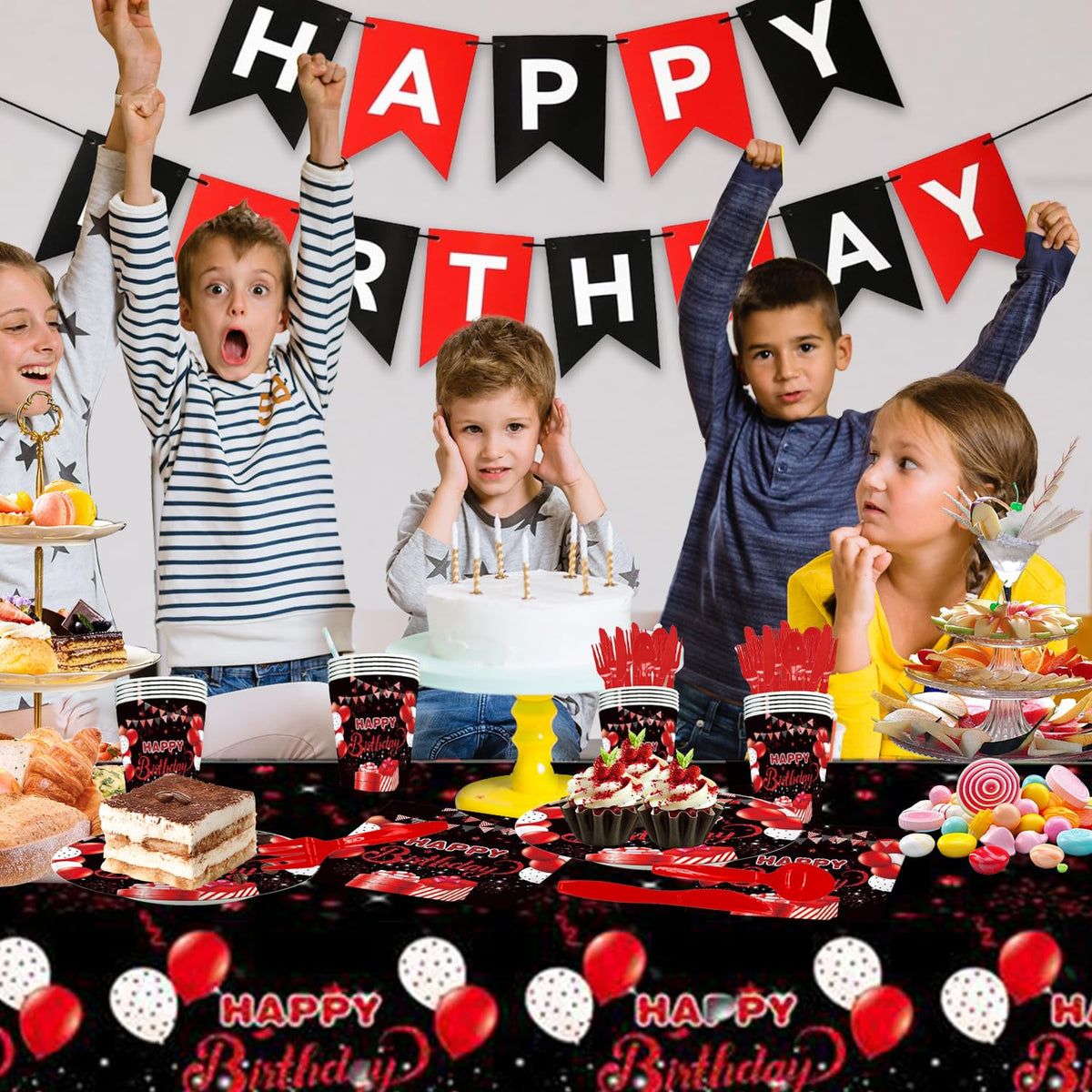 142Pcs Red and Black Birthday Party Tableware Set Inculde - Esyzpesai Official Imagery - 8