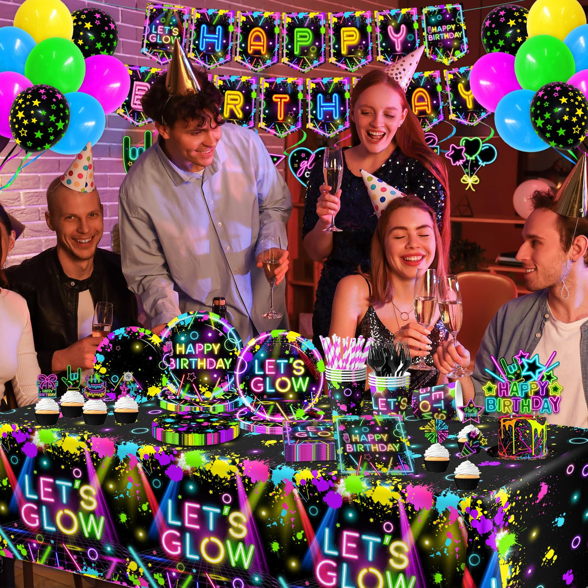 Neon Party Supplies Serves 24 Glow in The Dark Themed - HAKOTI Official Imagery - 3