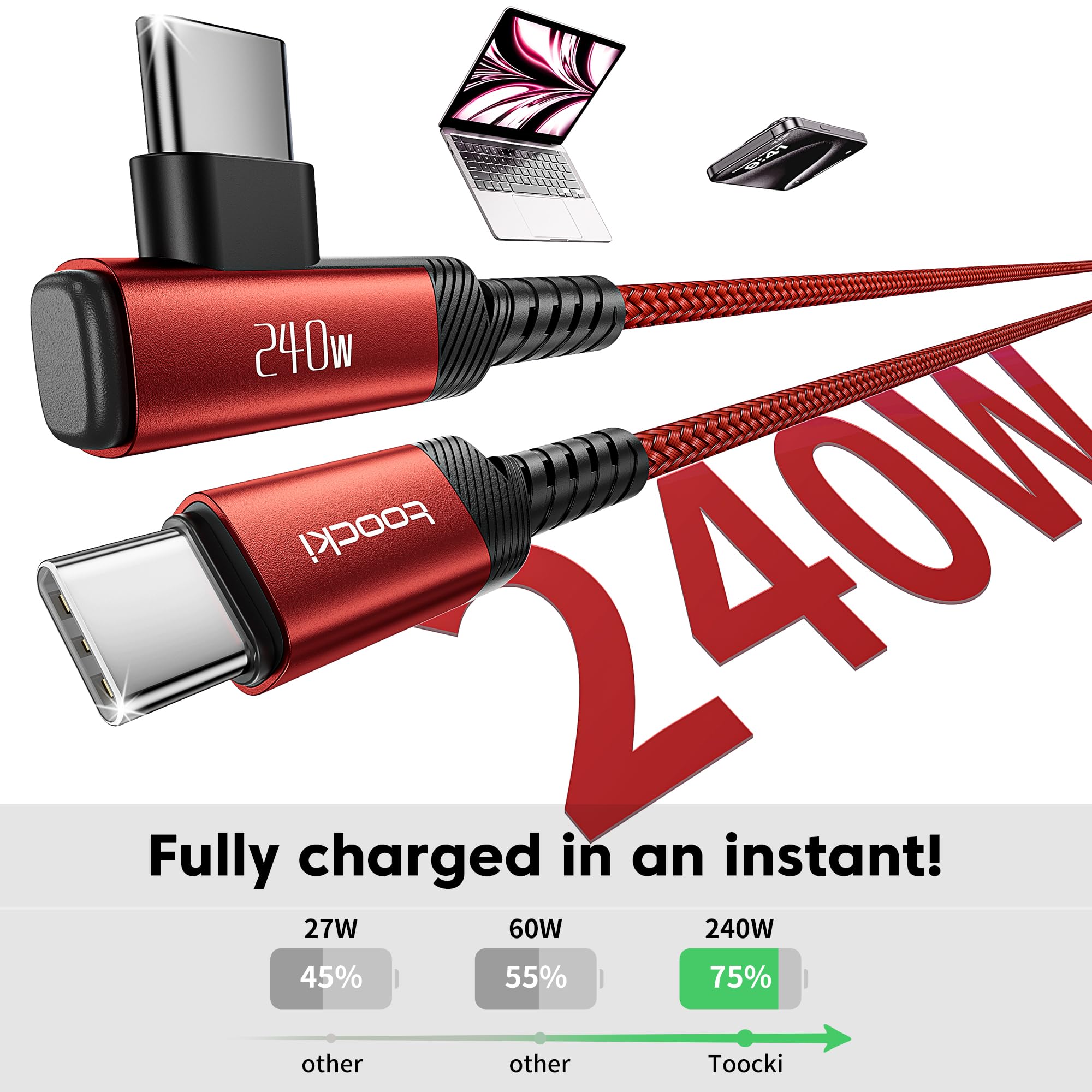 toocki 240W USB-C Cable 2-Pack 10ft | Fast Charging Red