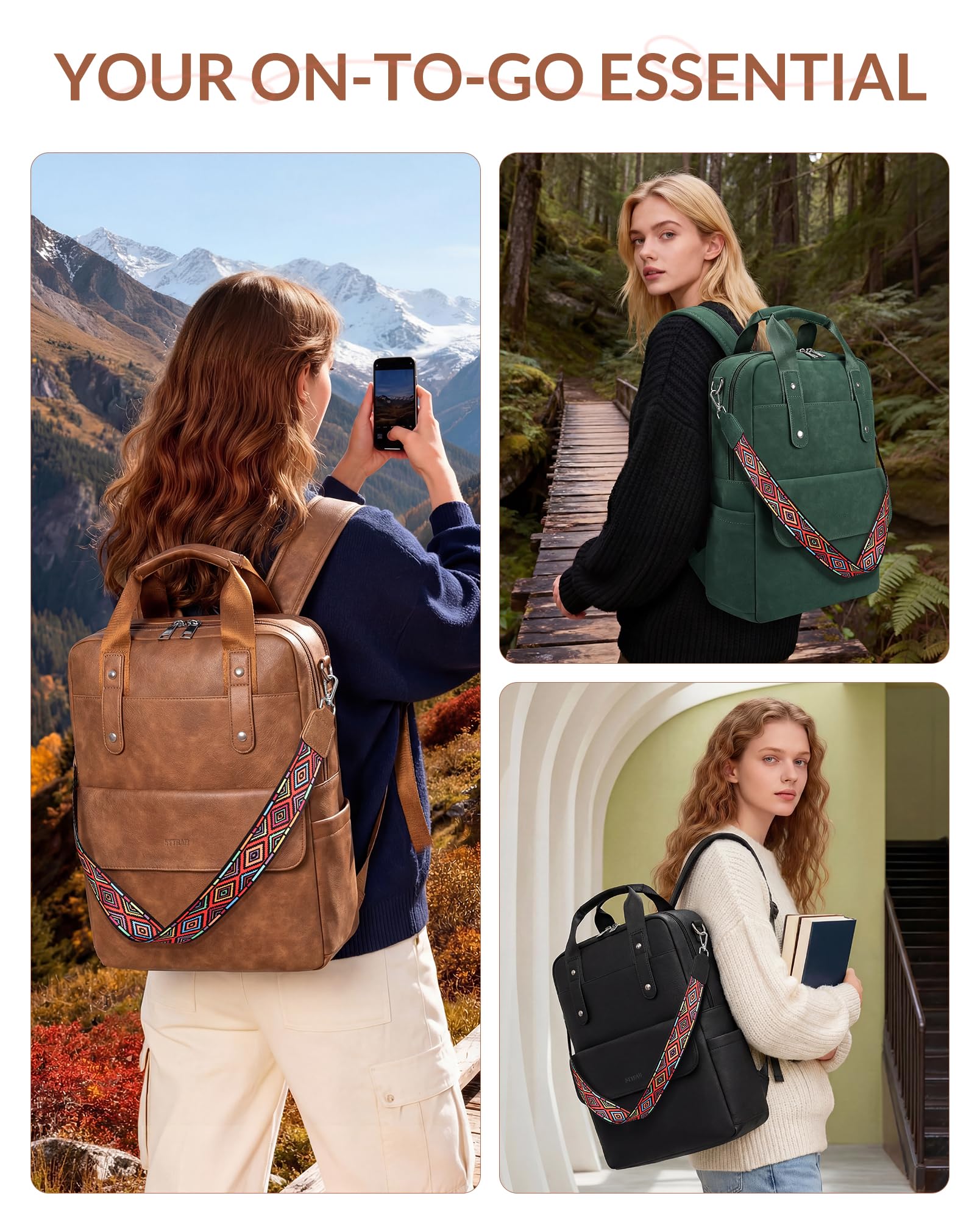 SYTRAH leather laptop backpack for women with 15.6-inch capacity, featuring a sleek brown design and multiple compartments.
