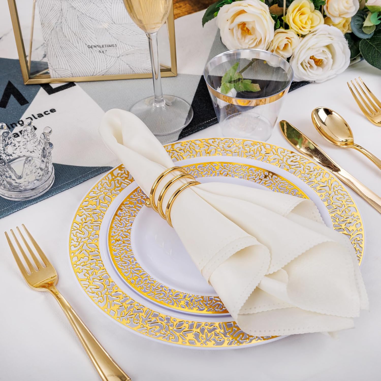 WELLIFE 175-piece gold dinnerware set with 25 dinner plates and 25 dessert plates on a white background