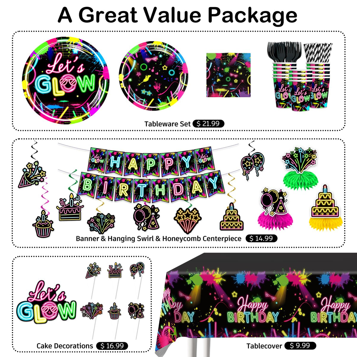 205pcs wellspar Neon Birthday Party Decorations Tableware - wellspar Official Imagery - 4