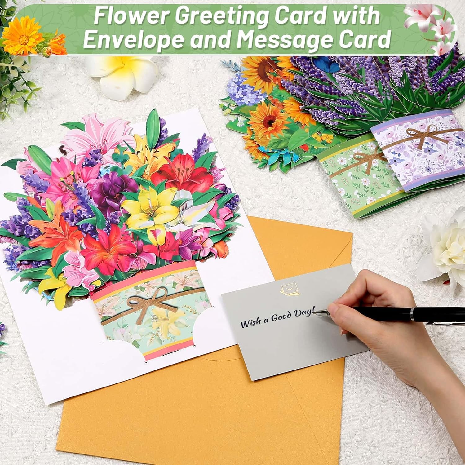 Three Caffox paper flower pop-up cards featuring 3D floral bouquets, perfect for greeting and special occasions.