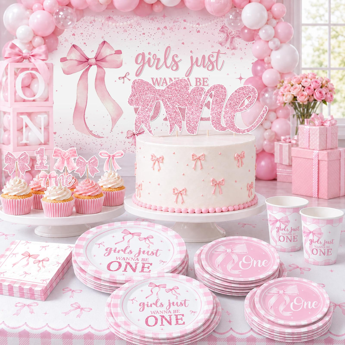 Pink Bow 1st Birthday Decorations 271Pcs Girls Just Wanna Be - KUPWOQU Official Imagery - 8