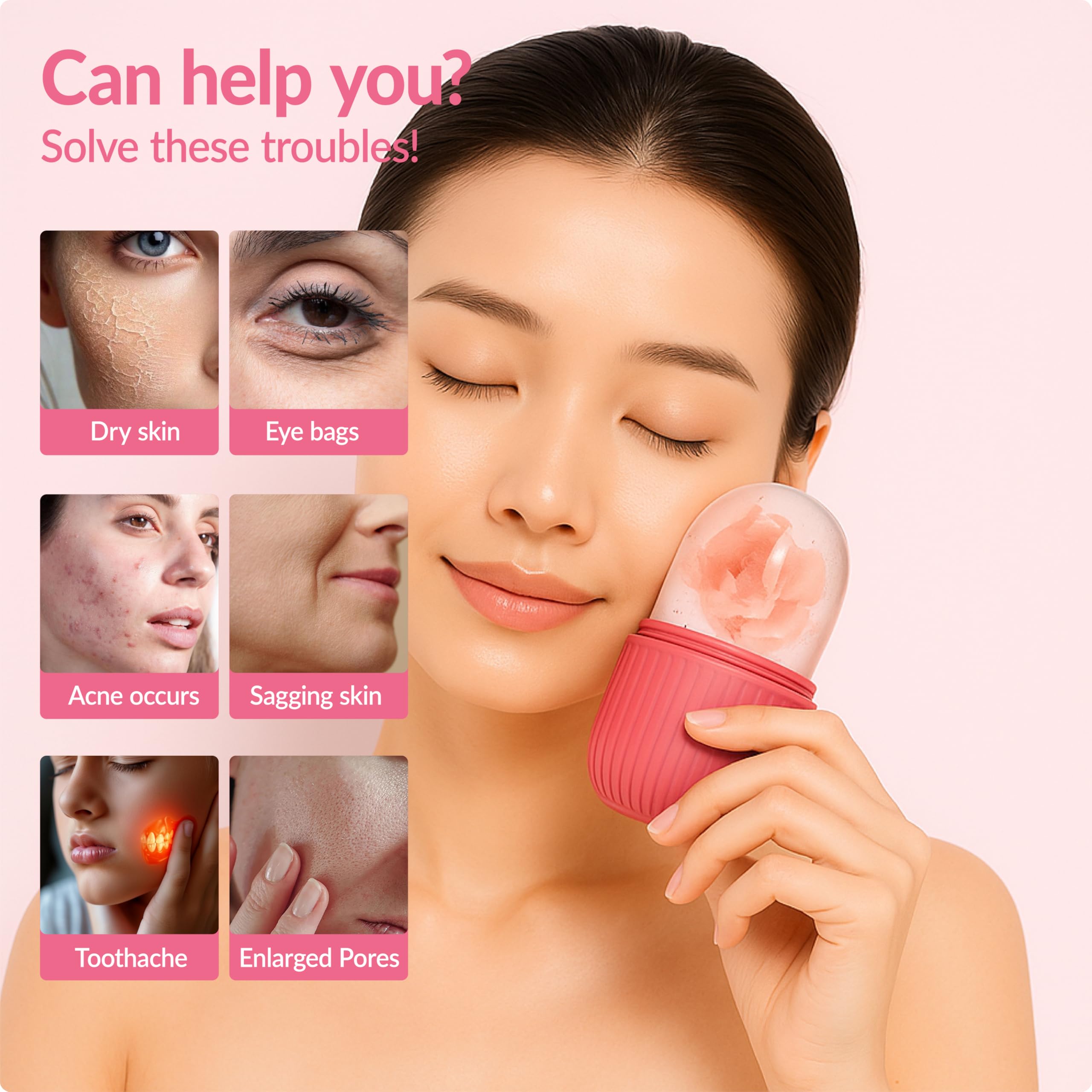 Brookstone IcyGlow ice roller kit for face and neck in pink, featuring a massager with a sleek, ergonomic design.