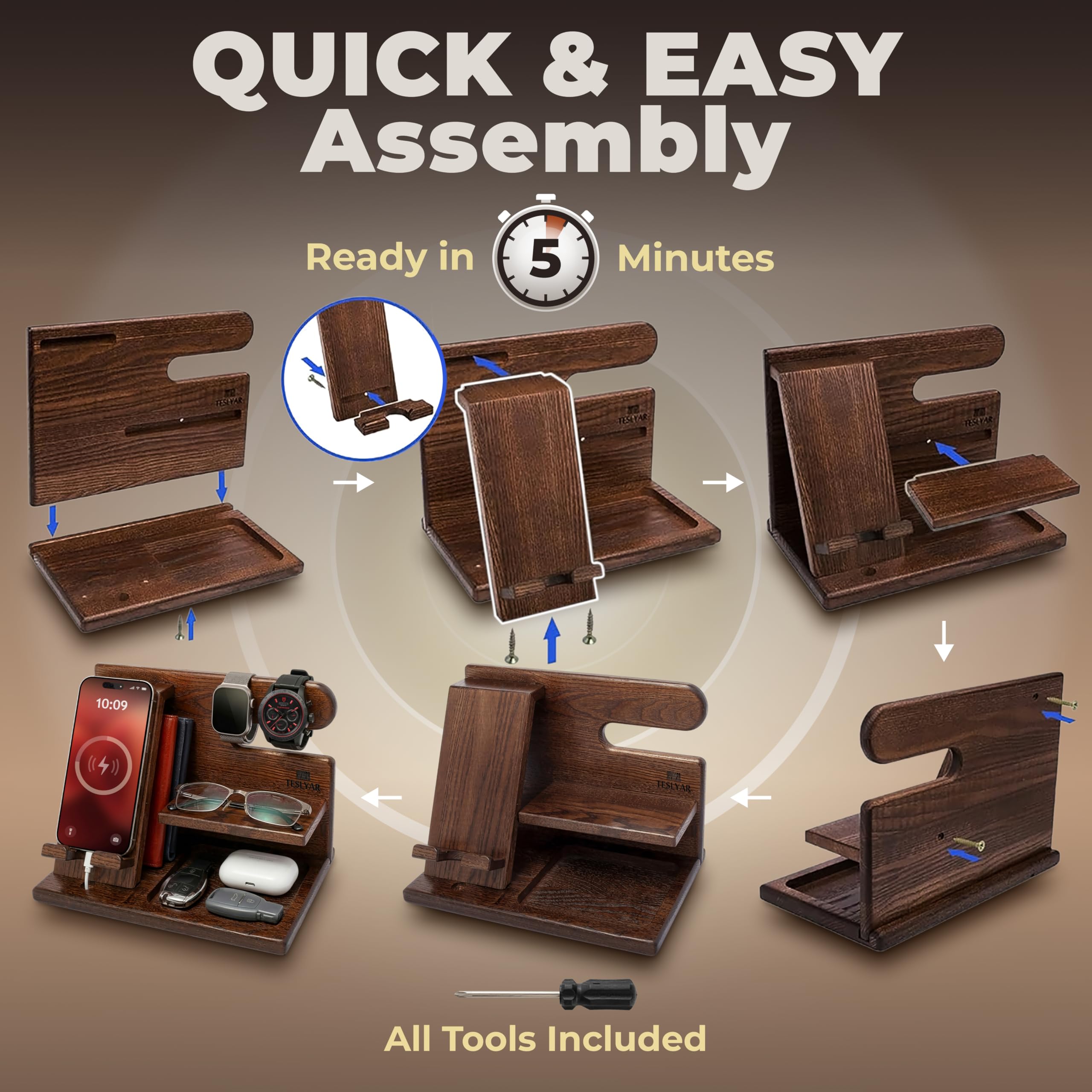 TESLYAR Wood Phone Docking Station for Men - Desktop or Nightstan by TESLYAR - Angle View 7