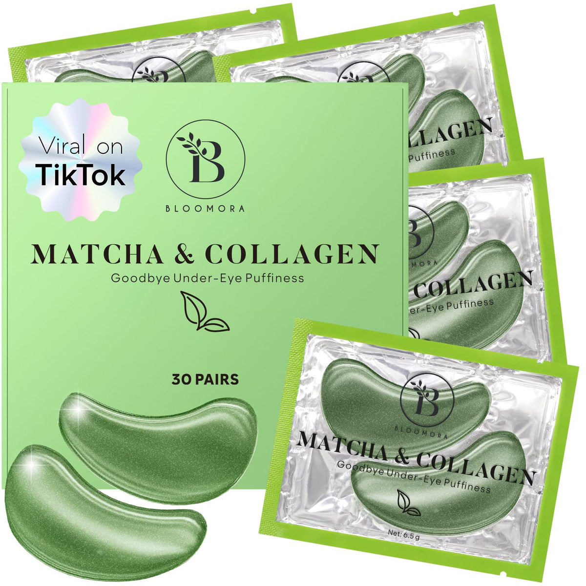 BLOOMORA Matcha Collagen Under Eye Patches - BLOOMORA Official Product Imagery - 1