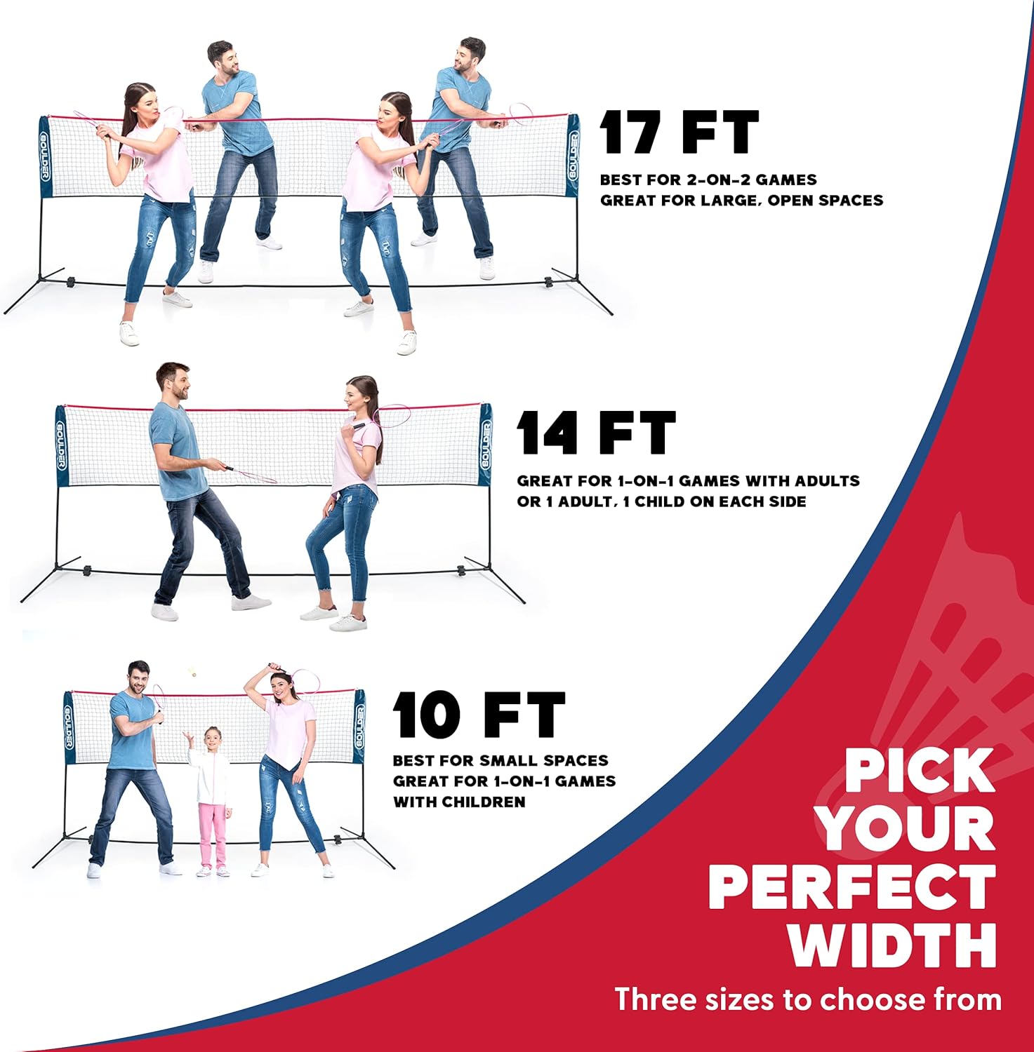 Boulder portable badminton and pickleball net with foldable, extendable poles for easy setup and transport.