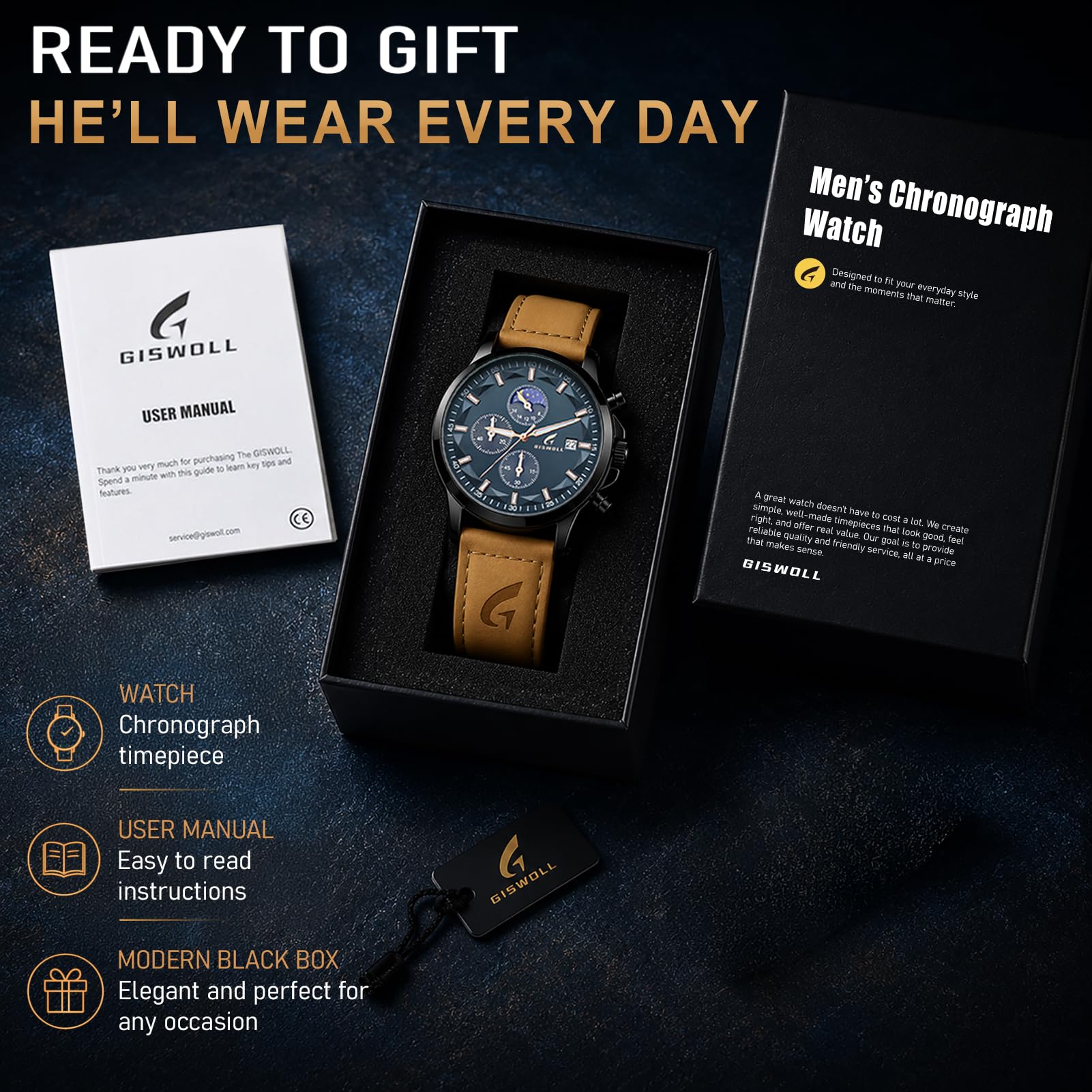 GISWOLL Men's Chronograph Watch Day-Night Subdial Leather