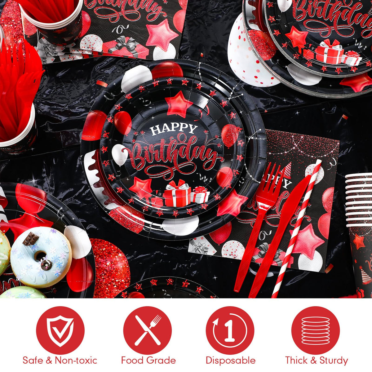Norme 176 Pcs Black and Red Birthday Tableware Set Birthday - Norme Official Imagery - 4