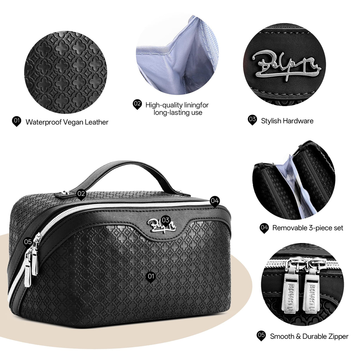 BOYATU Travel Makeup Bag for Women Four Leaf Clover 3 Pcs - BOYATU Official Imagery - 4