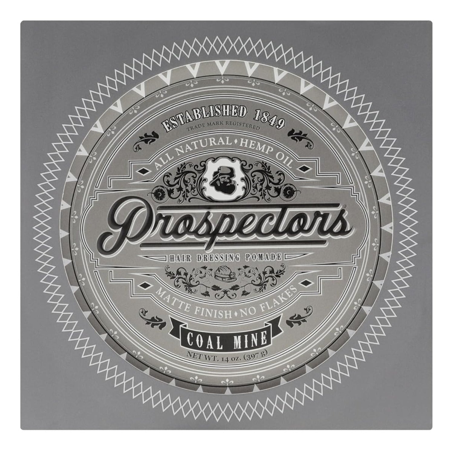 PROSPECTORS Coal Mine Matte Clay Hair Pomade in 14 oz tin can with black and white label and vintage-style design.