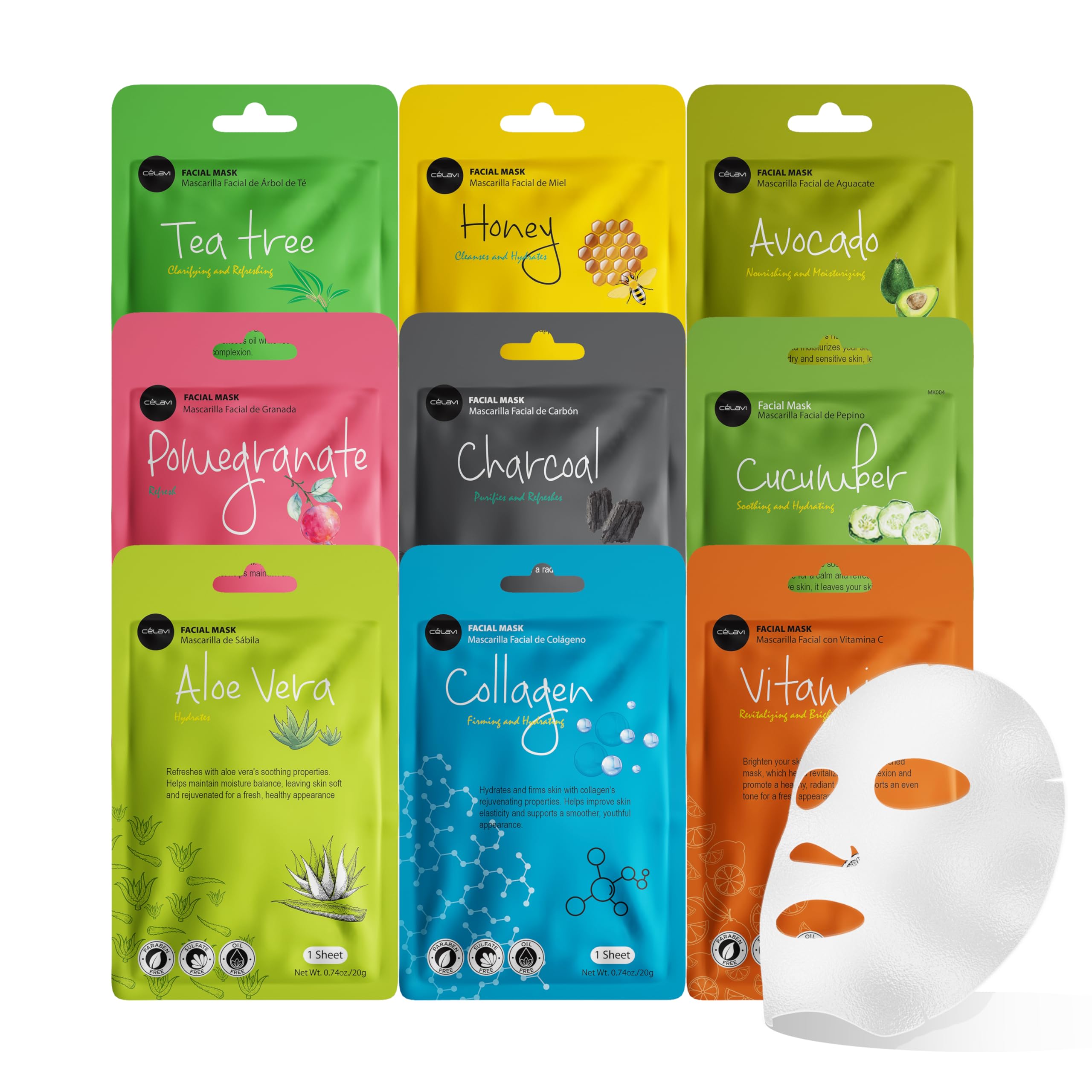 Celavi Korean Face Mask Sheet Set, Facial Spa Masks for Women, - Celavi Cosmetics