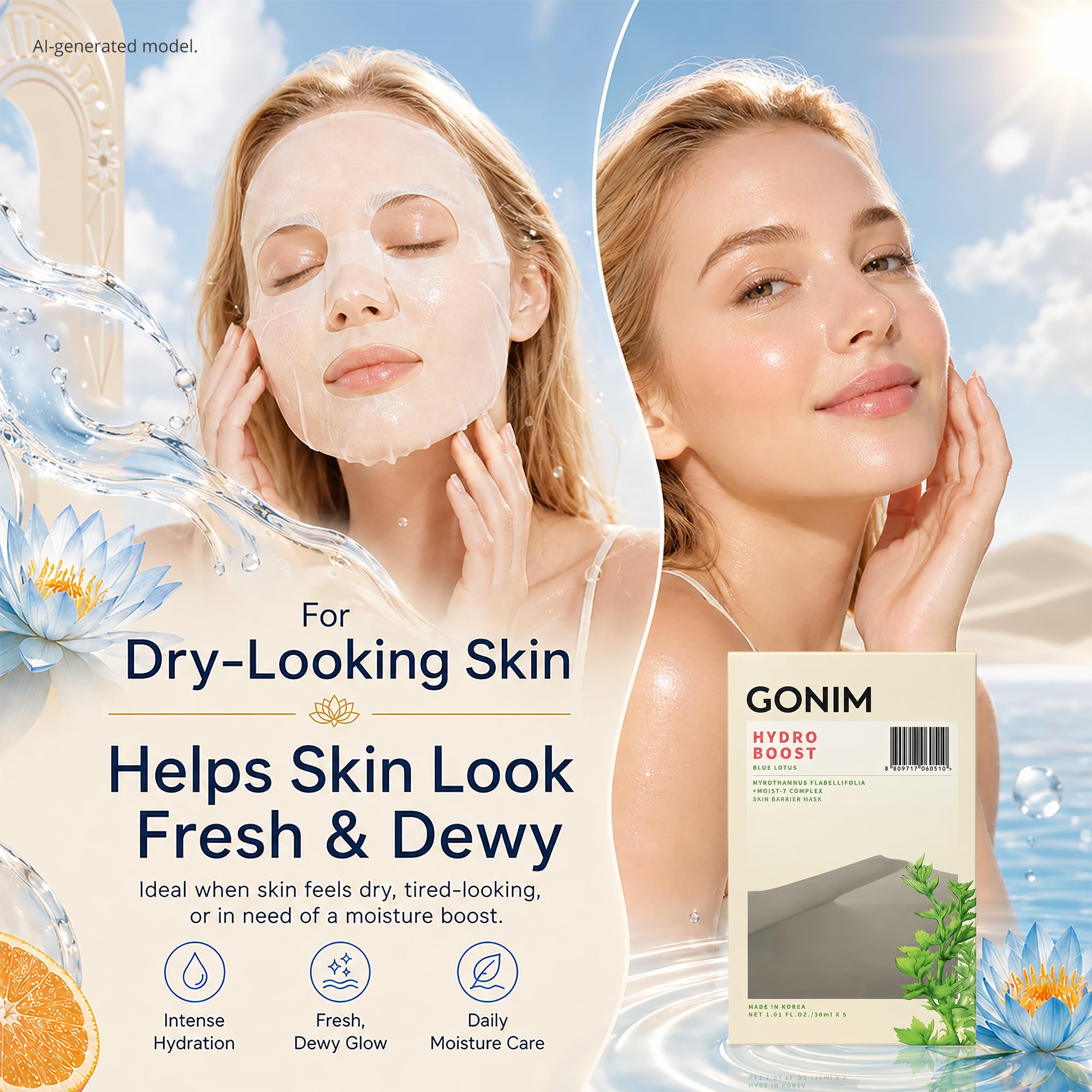 Korean Face Mask, Hydrating Face Mask with Hyaluronic Acid, - GONIM