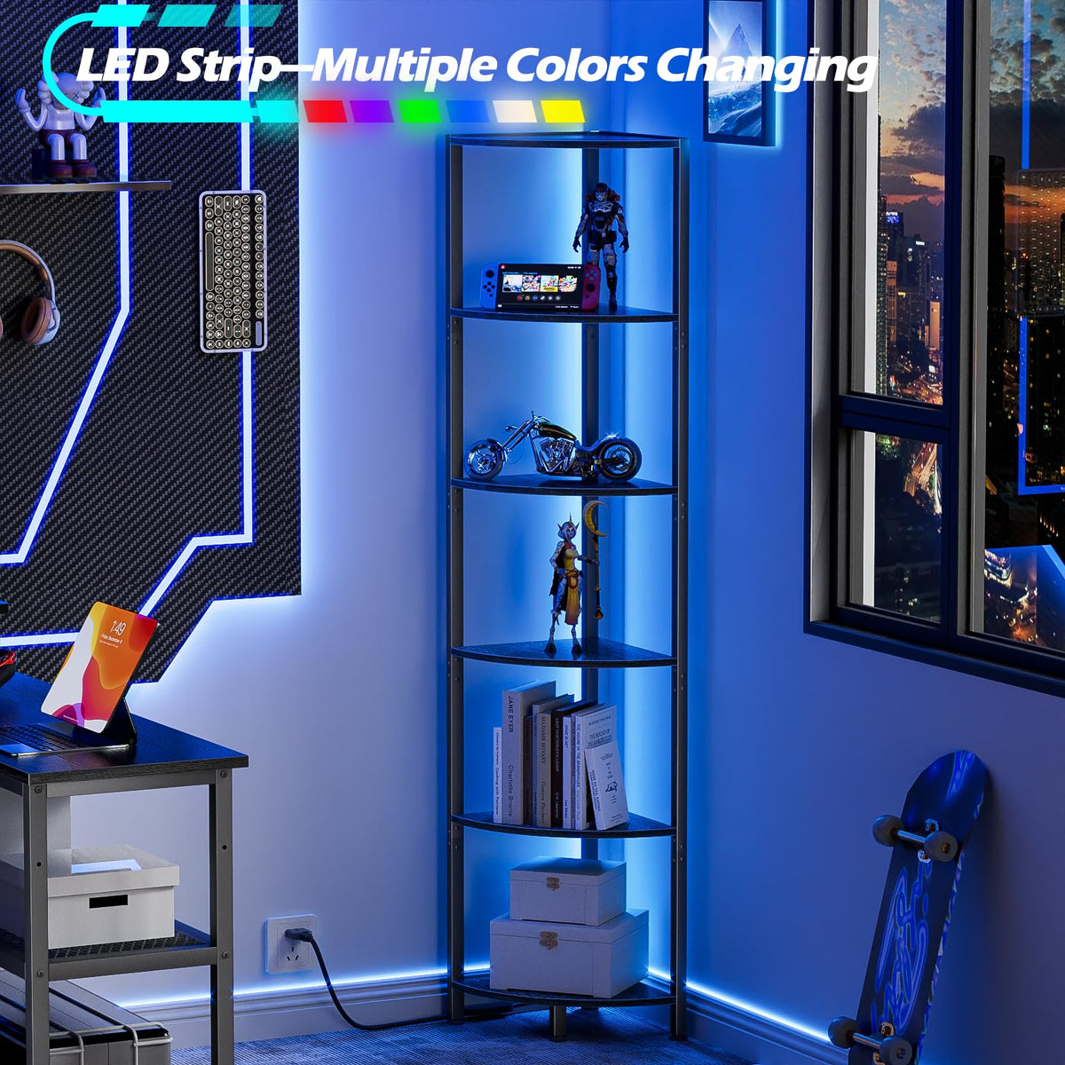 6 Tier Corner Shelf with LED Light 67 5 Black Narrow - Furnulem Official Imagery - 5
