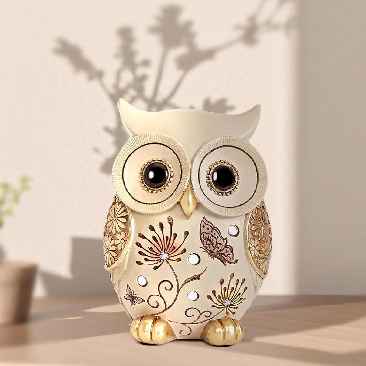 Xintim owl statue for home decor, boho style accent piece, perfect for shelves or room decoration with detailed owl design.