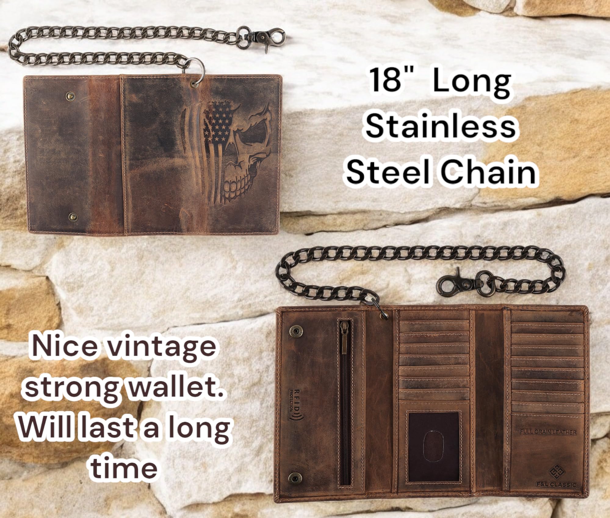 F&L CLASSIC RFID Blocking Mens Tri-fold Long Style Cowhide Leather Steel Chain Wallet,brown flag/skull,212-103