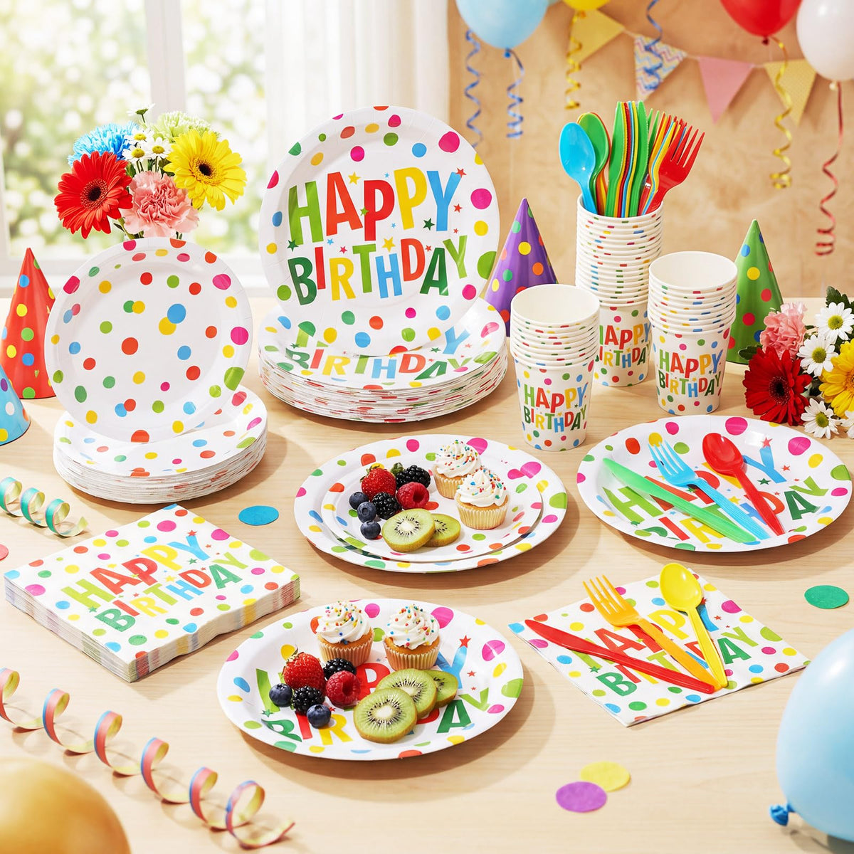 Pickmesh 400 Pcs Polka Dots Happy Birthday Plates and - Pickmesh Official Imagery - 6