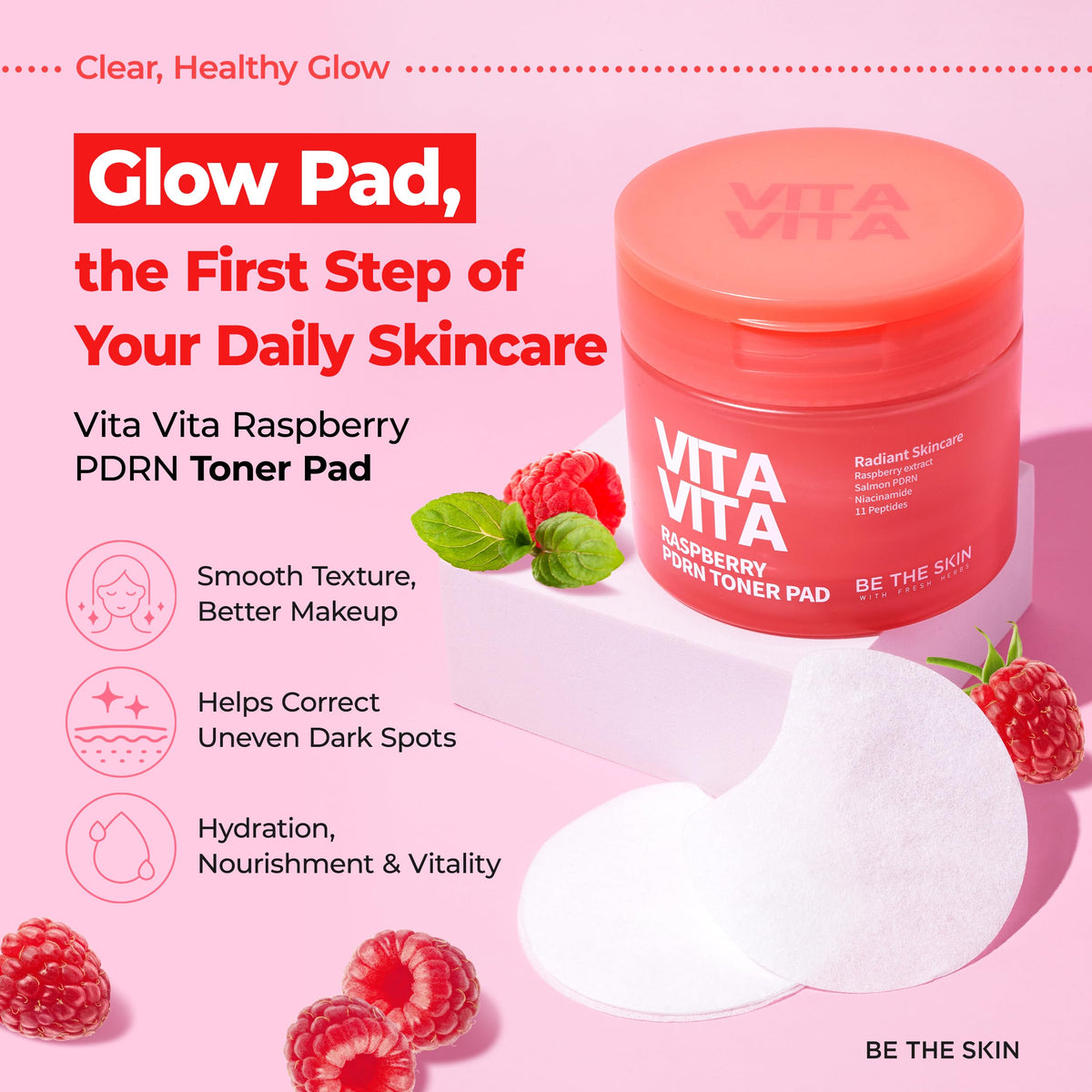 BE THE SKIN Vitavita Raspberry PDRN Toner Pad 2 Niacinamide - BE THE SKIN Official Imagery - 3