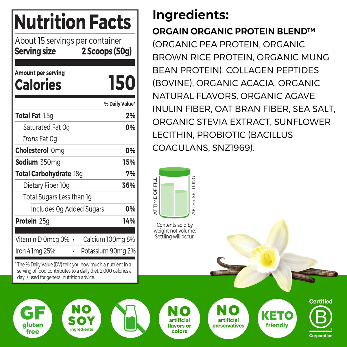 Orgain Organic 25g Protein 10g Collagen Powder Vanilla Bean - Orgain Official Imagery - 3