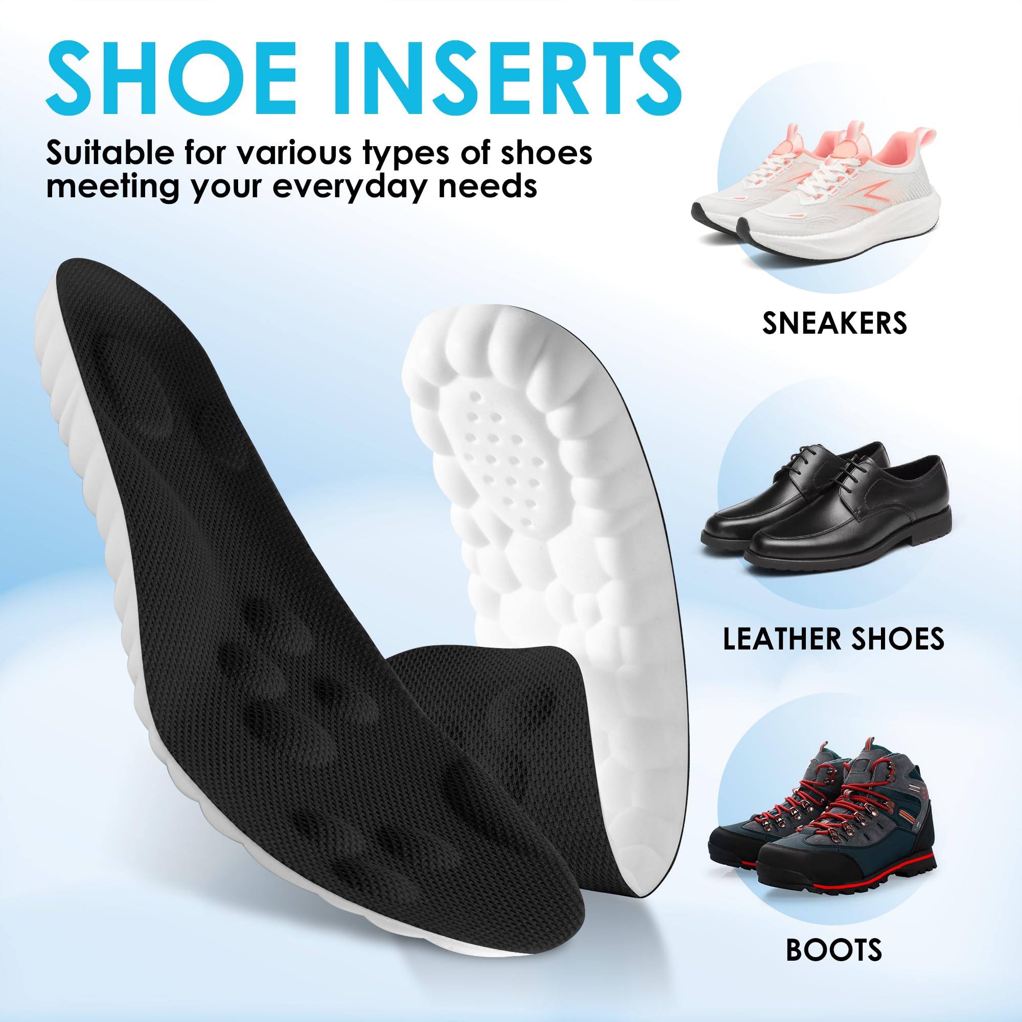 CCOBCHY 4D Memory Foam Insoles for men and women, shoe inserts providing all-day comfort and support.